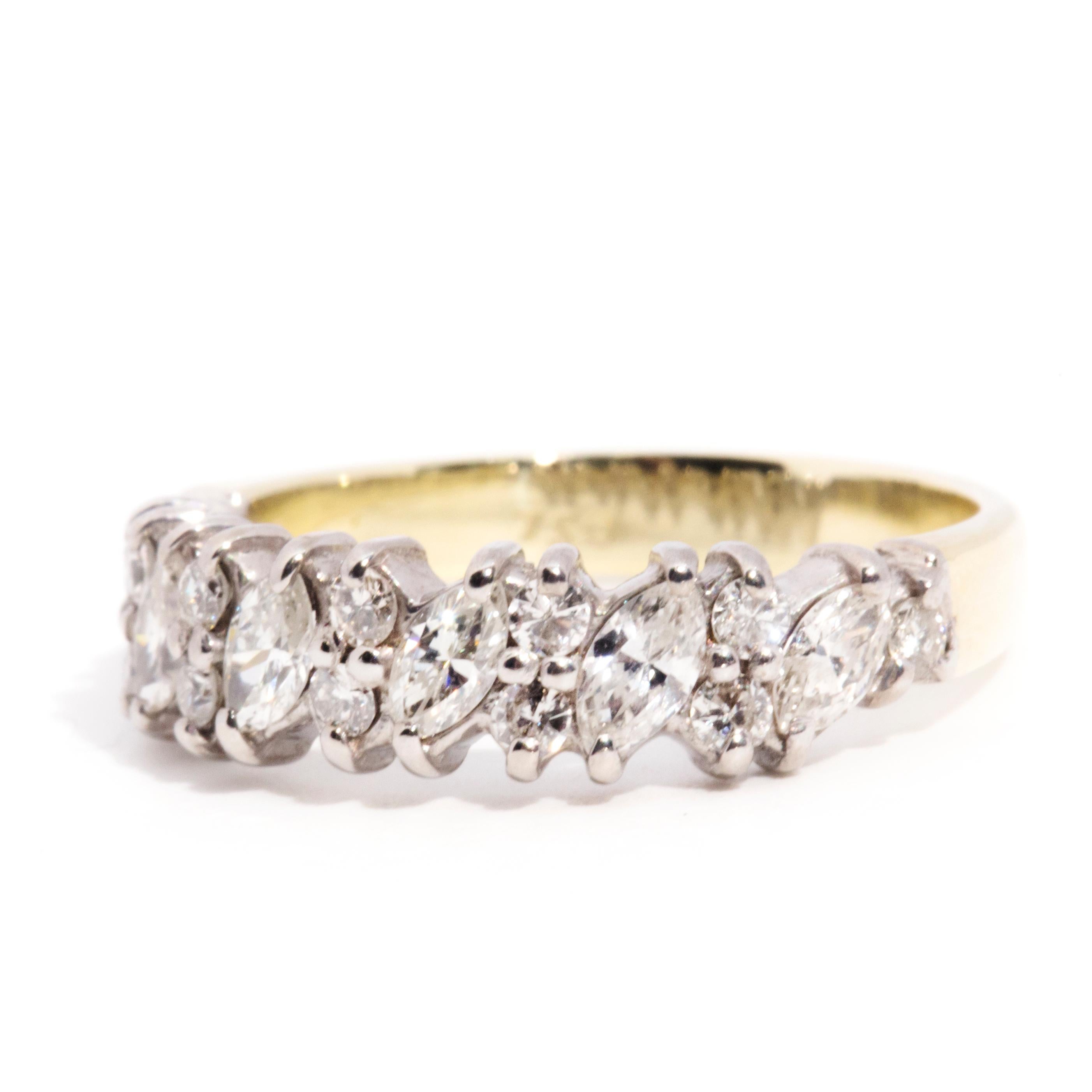 Marquise and Round Diamond Vintage Eternity Band 18 Carat Yellow and White Gold For Sale 3