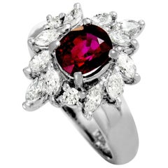 Marquise and Round Diamonds and Ruby Oval Platinum Ring