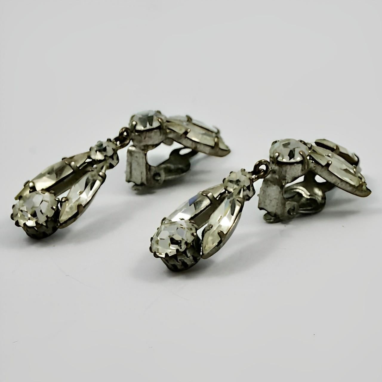 Women's or Men's Marquise and Round Rhinestone Drop Earrings circa 1950s For Sale