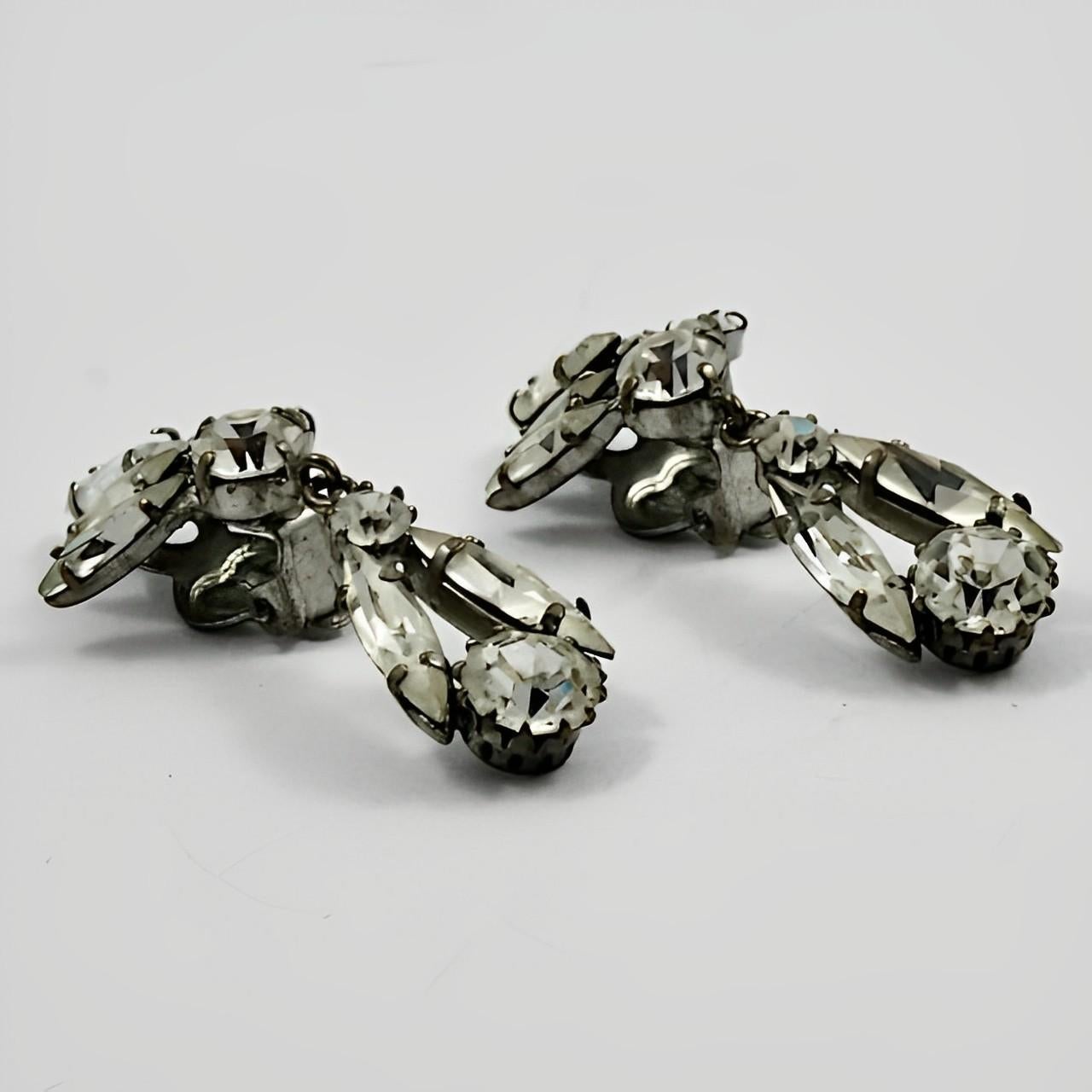 Marquise and Round Rhinestone Drop Earrings circa 1950s For Sale 1