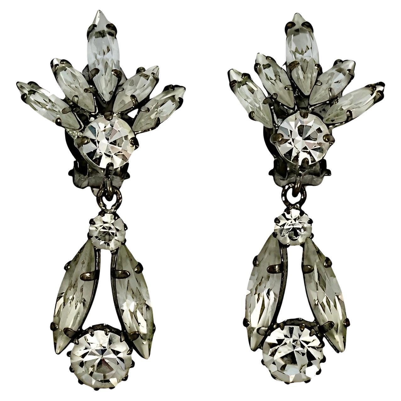 Marquise and Round Rhinestone Drop Earrings circa 1950s For Sale