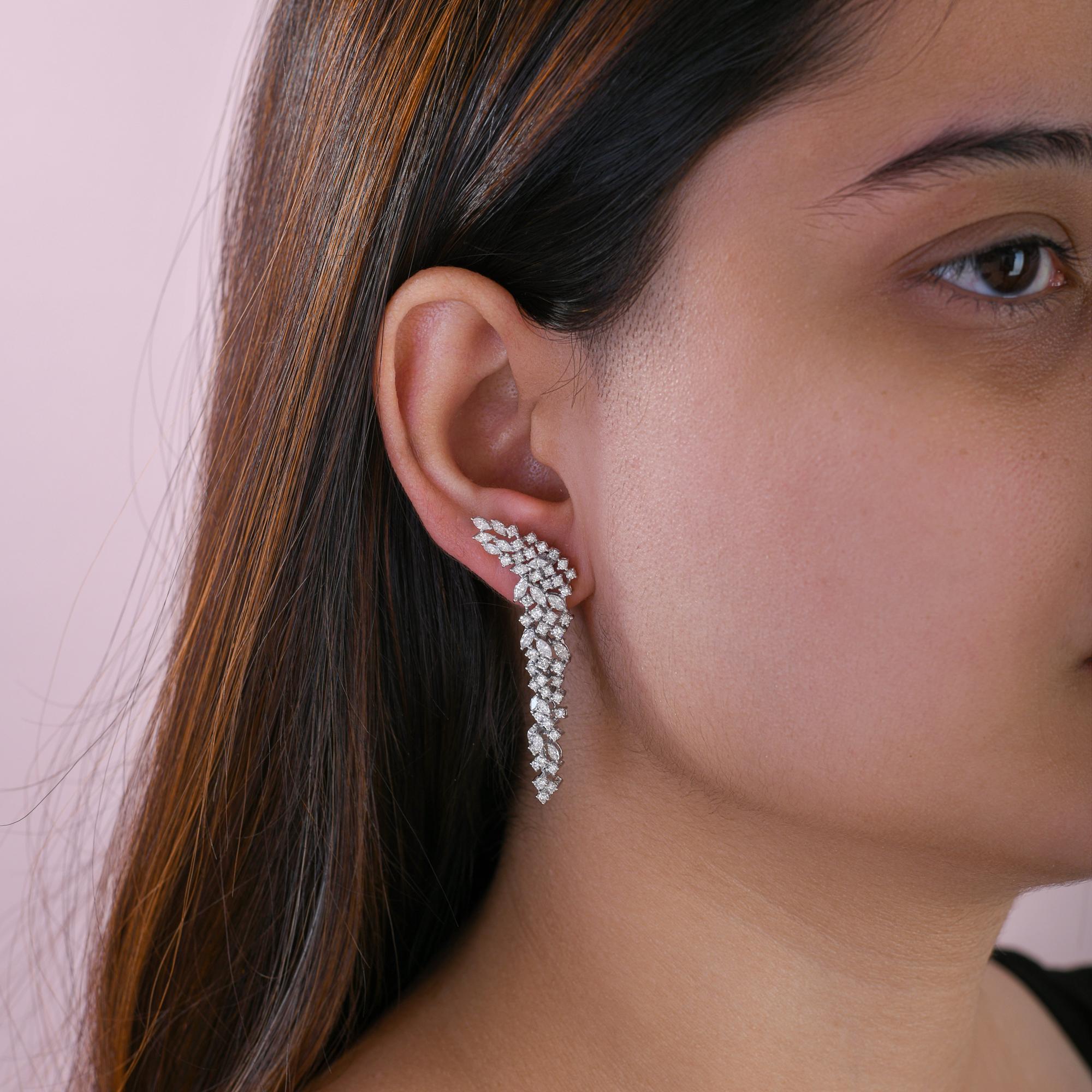 Mixed Cut Marquise and Round Statement Long Cluster Diamond Earrings 14 Karat White Gold For Sale