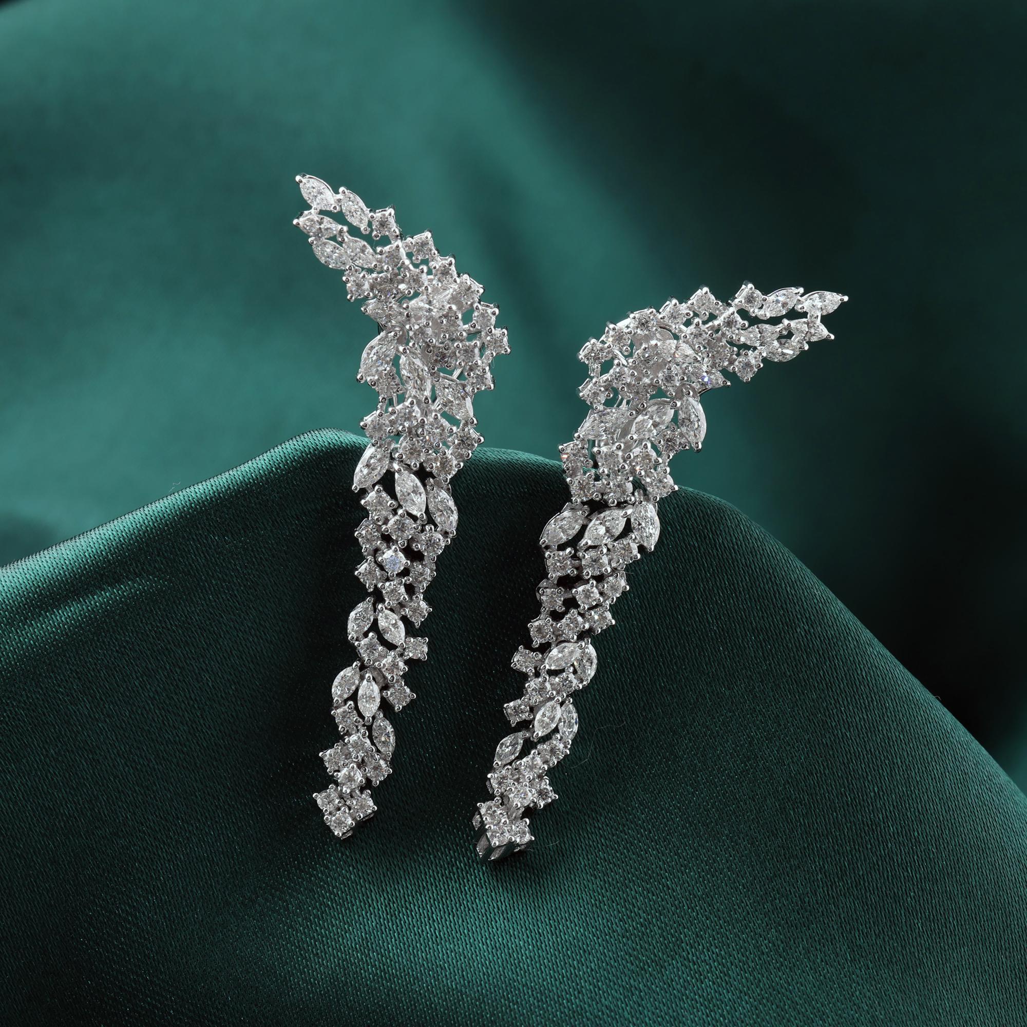 Women's Marquise and Round Statement Long Cluster Diamond Earrings 14 Karat White Gold For Sale