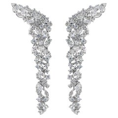 Marquise and Round Statement Long Cluster Diamond Earrings 14 Karat White Gold