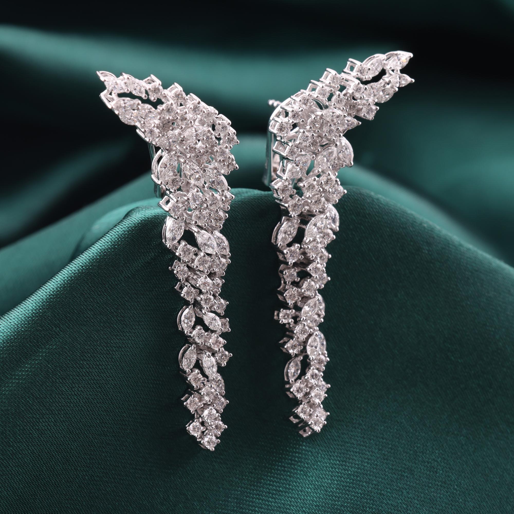 Modern Marquise and Round Statement Long Cluster Diamond Earrings 18 Karat White Gold For Sale