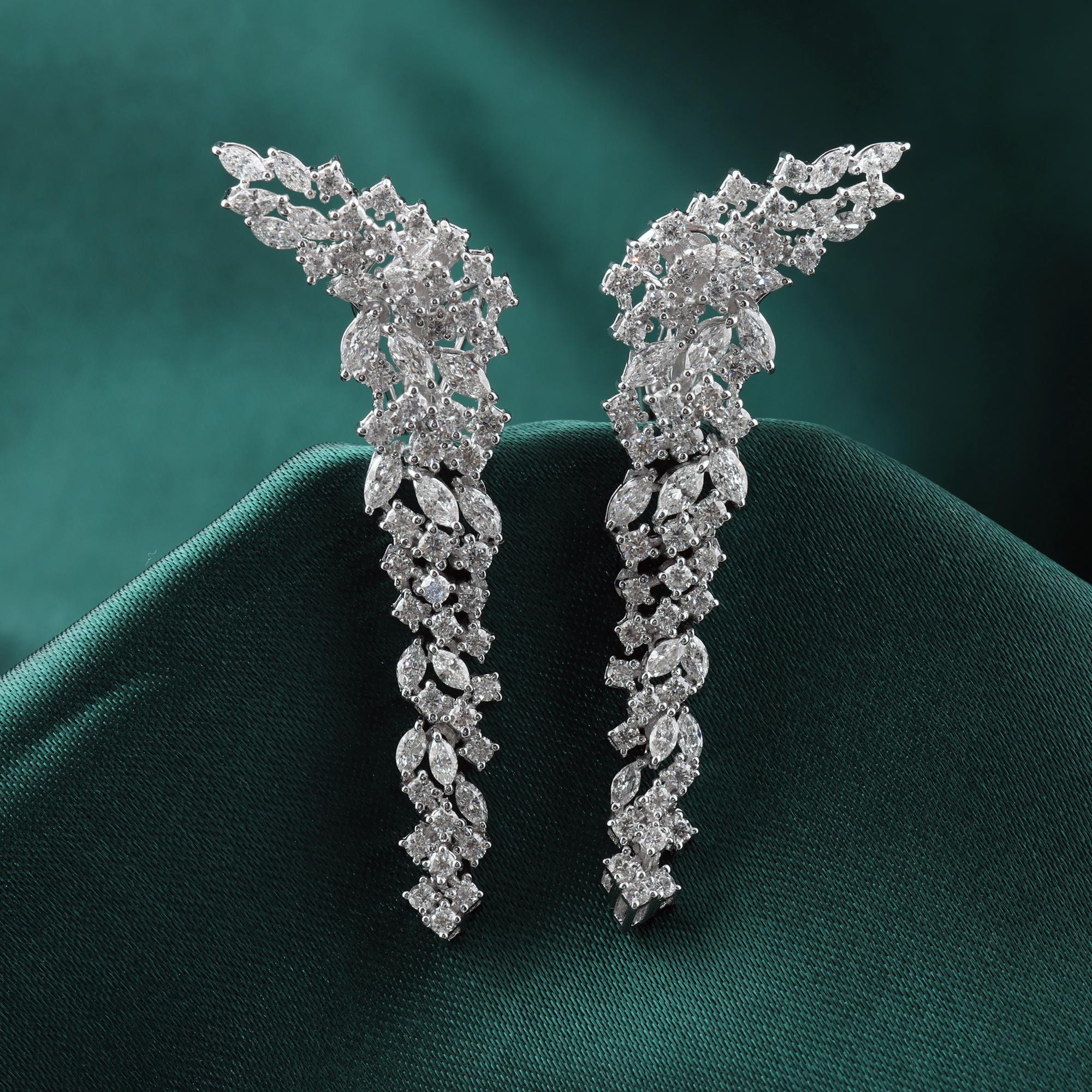 Marquise and Round Statement Long Cluster Diamond Earrings 18 Karat White Gold For Sale 2