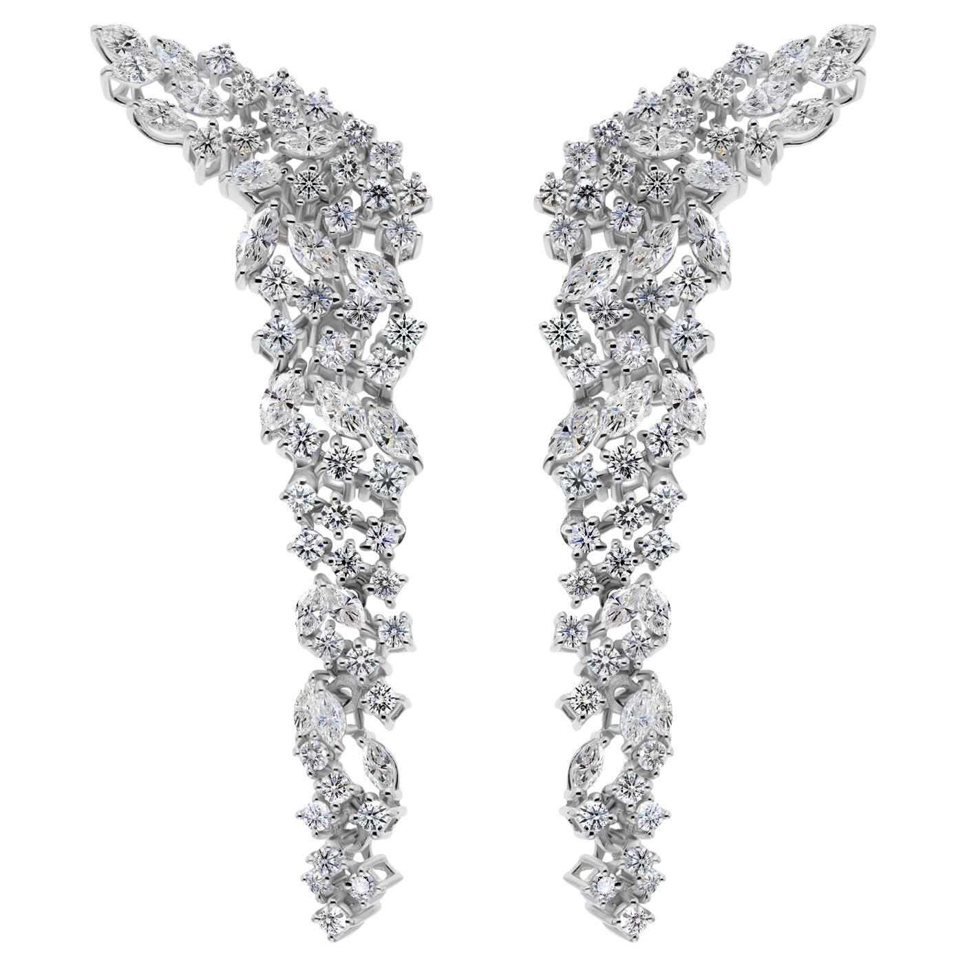 Marquise and Round Statement Long Cluster Diamond Earrings 18 Karat White Gold