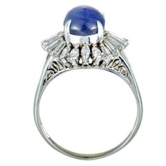 Marquise and Tapered Baguette Diamonds and Oval Sapphire Cabochon Platinum Ring