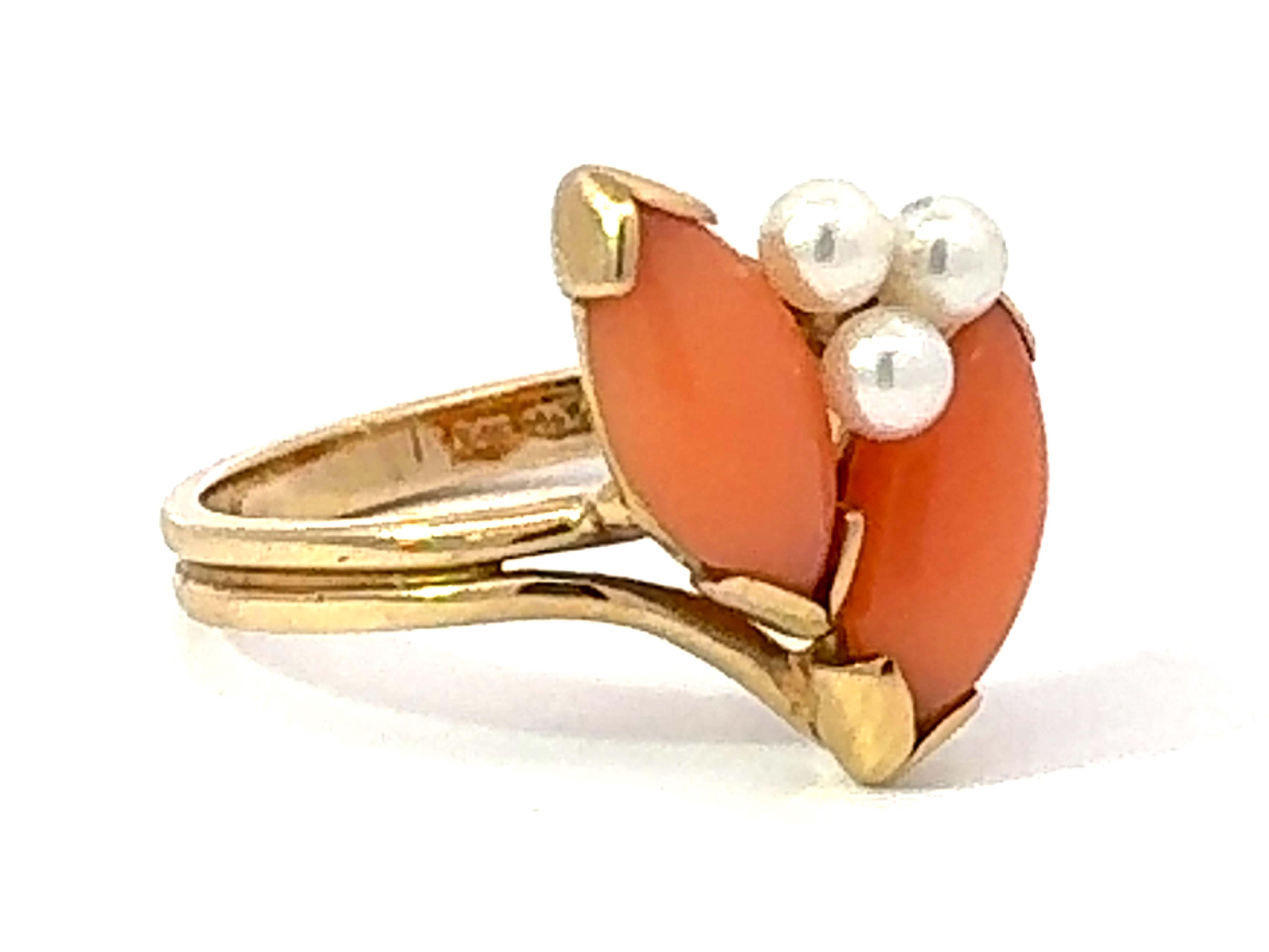 Modern Marquise Angel Skin Coral and Pearl Ring 14k Yellow Gold For Sale
