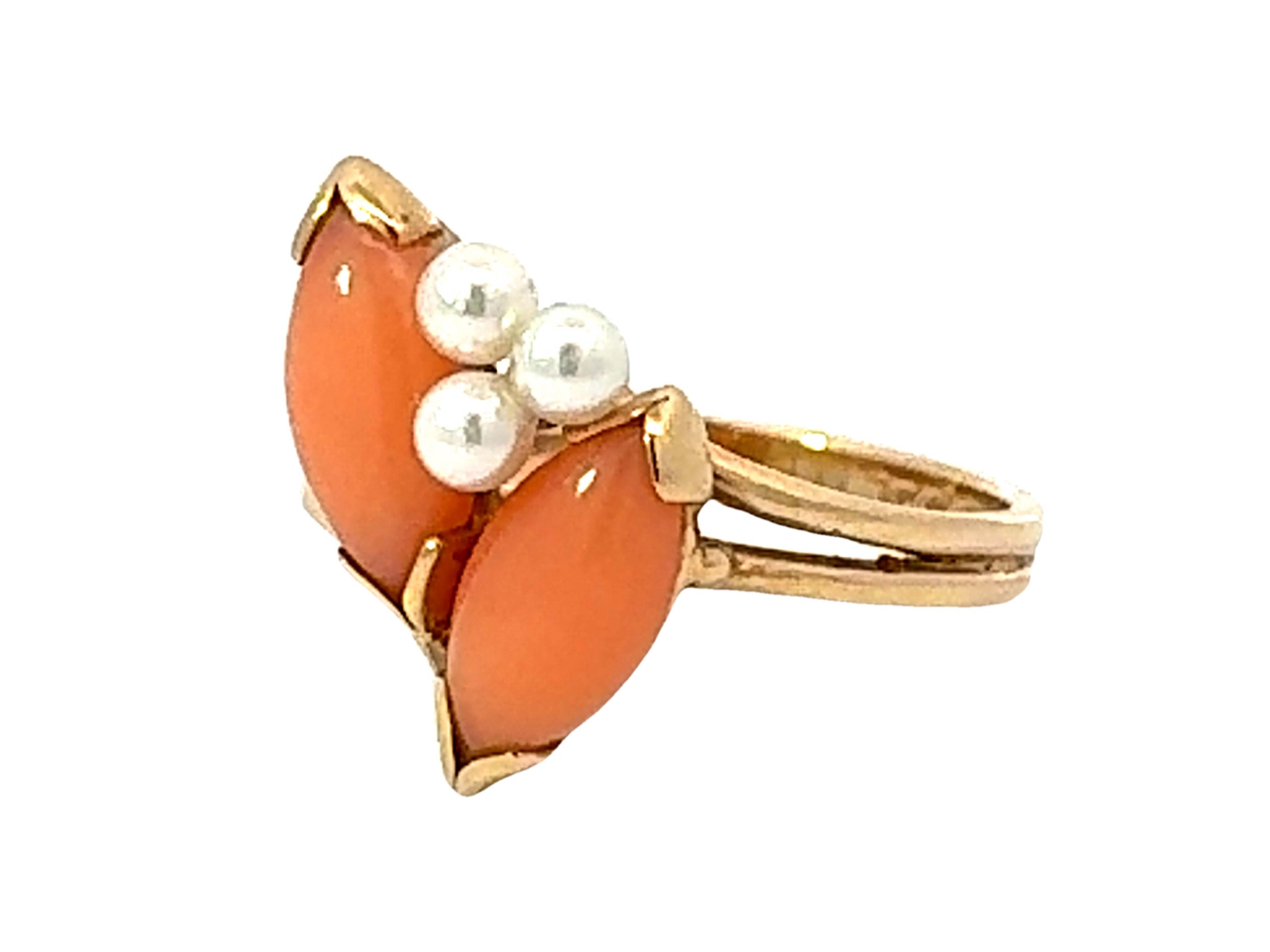 Round Cut Marquise Angel Skin Coral and Pearl Ring 14k Yellow Gold For Sale