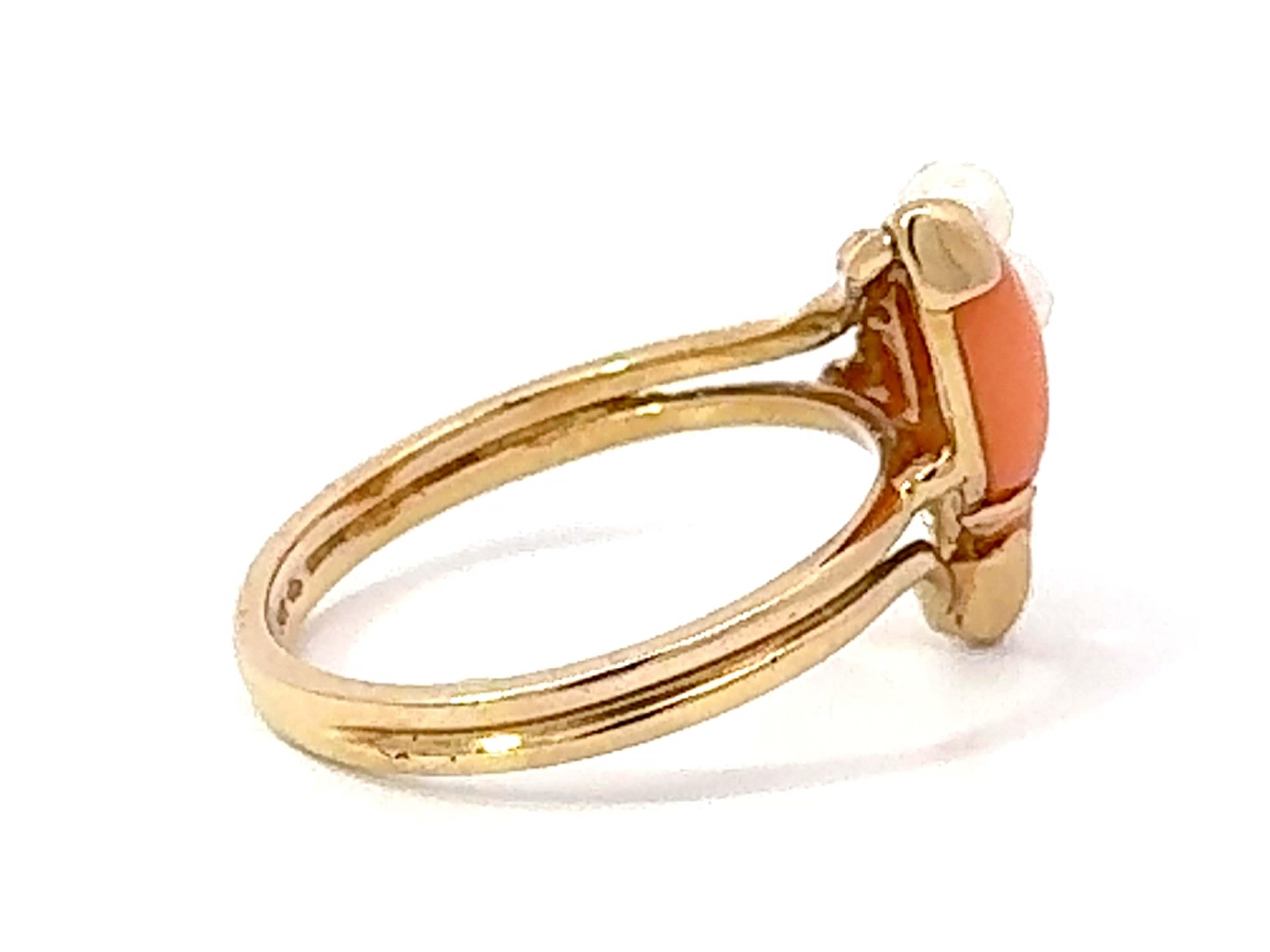 Marquise Angel Skin Coral and Pearl Ring 14k Yellow Gold In Excellent Condition For Sale In Honolulu, HI