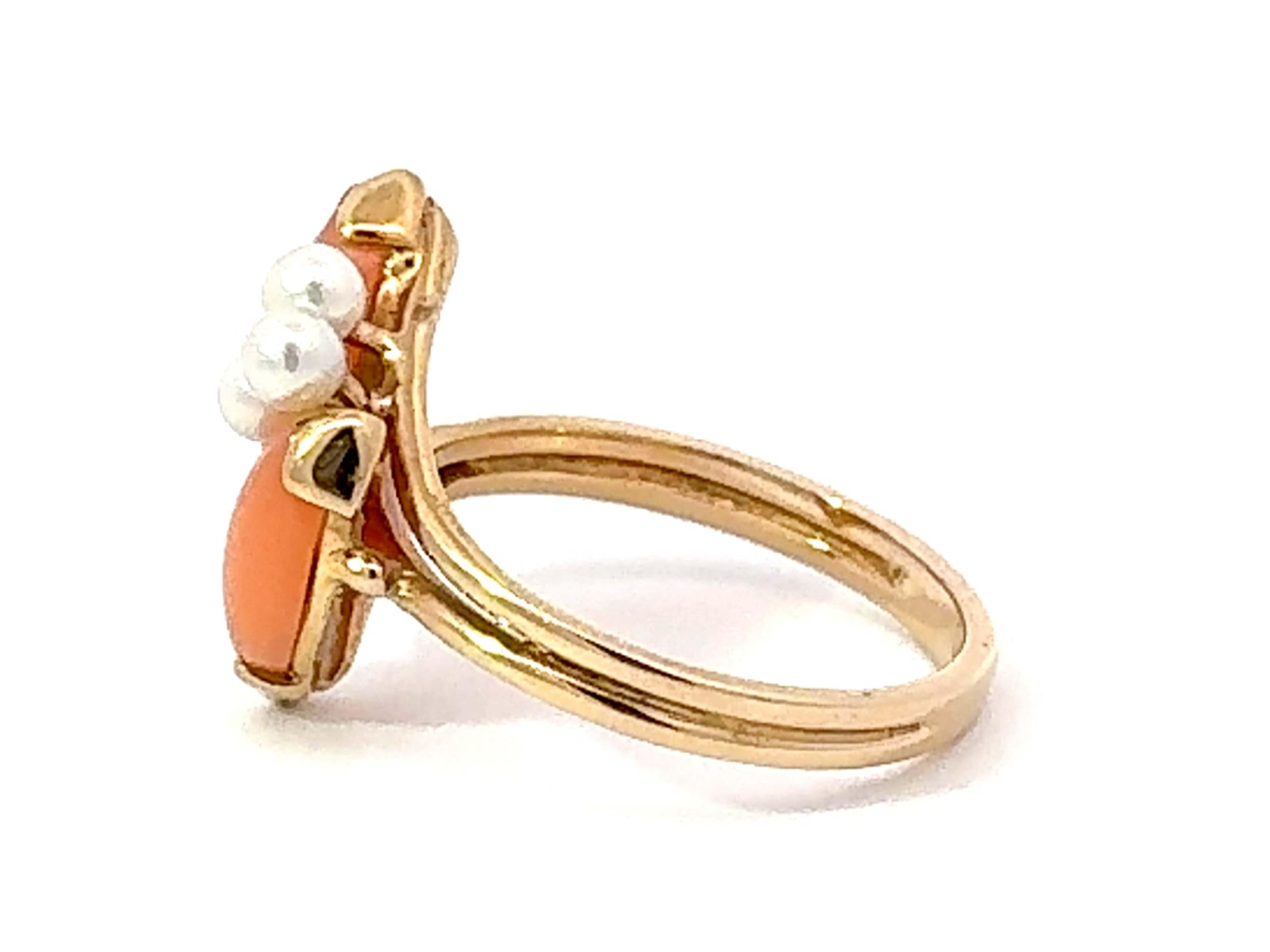 Women's Marquise Angel Skin Coral and Pearl Ring 14k Yellow Gold For Sale