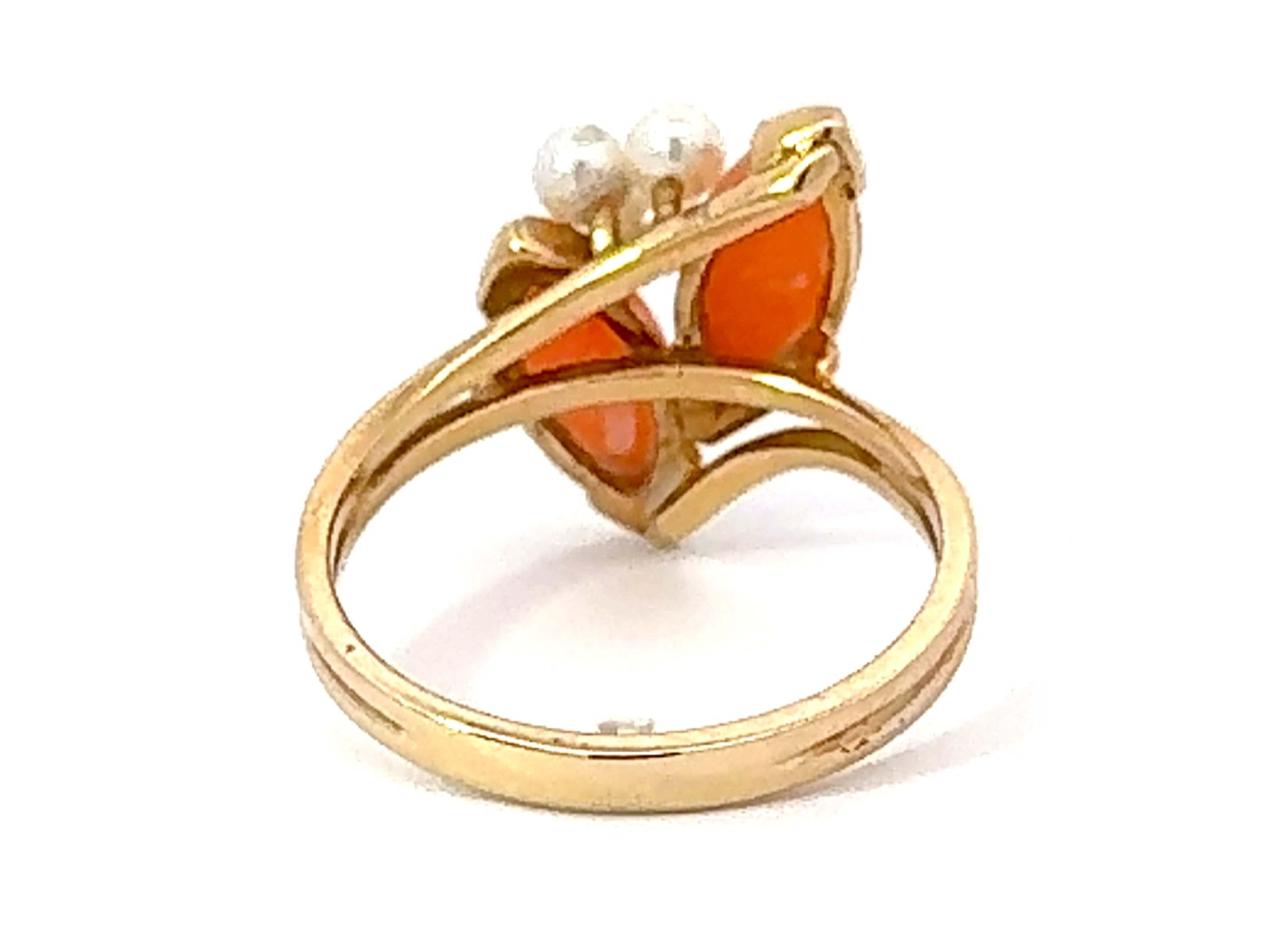 Marquise Angel Skin Coral and Pearl Ring 14k Yellow Gold For Sale 1