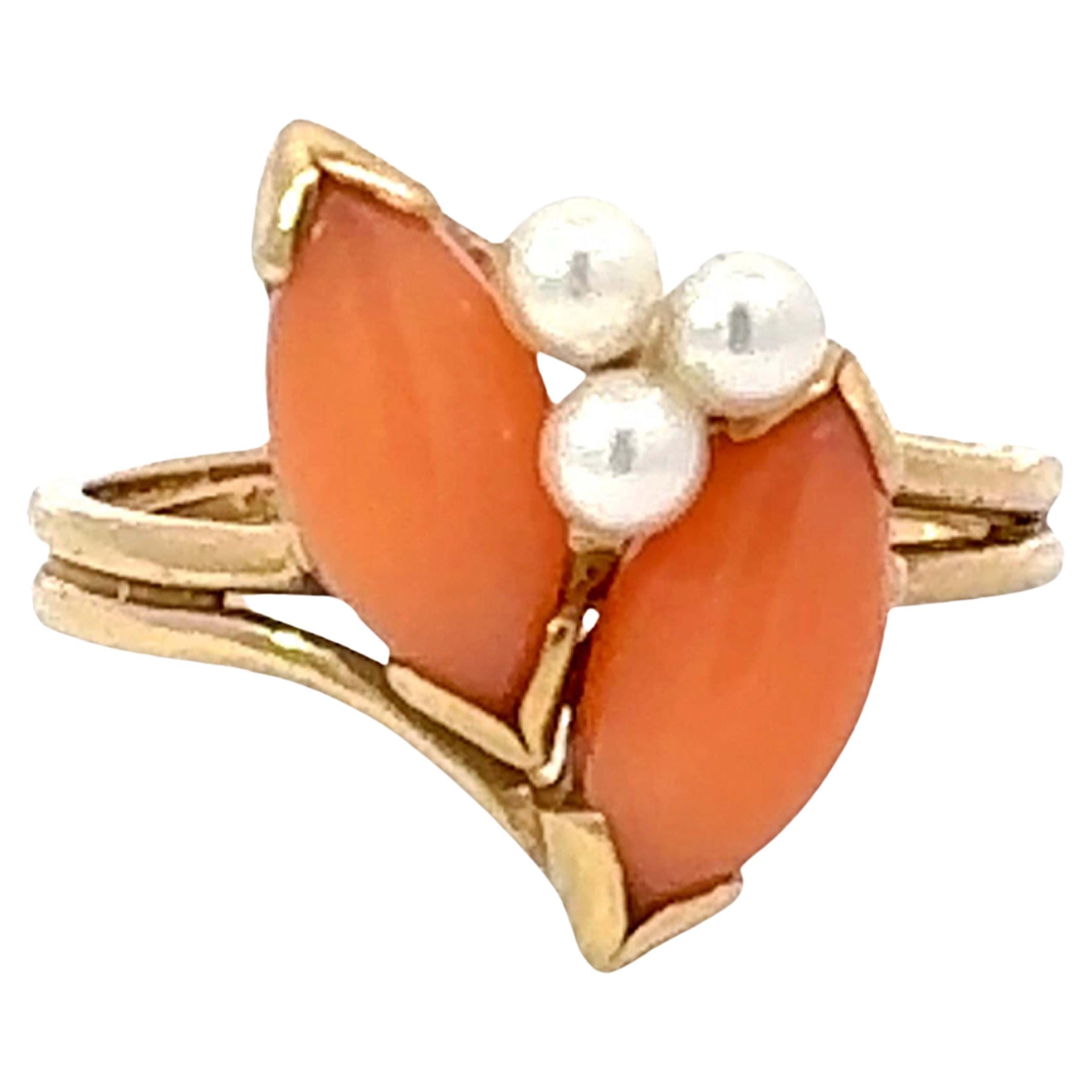 Marquise Angel Skin Coral and Pearl Ring 14k Yellow Gold For Sale