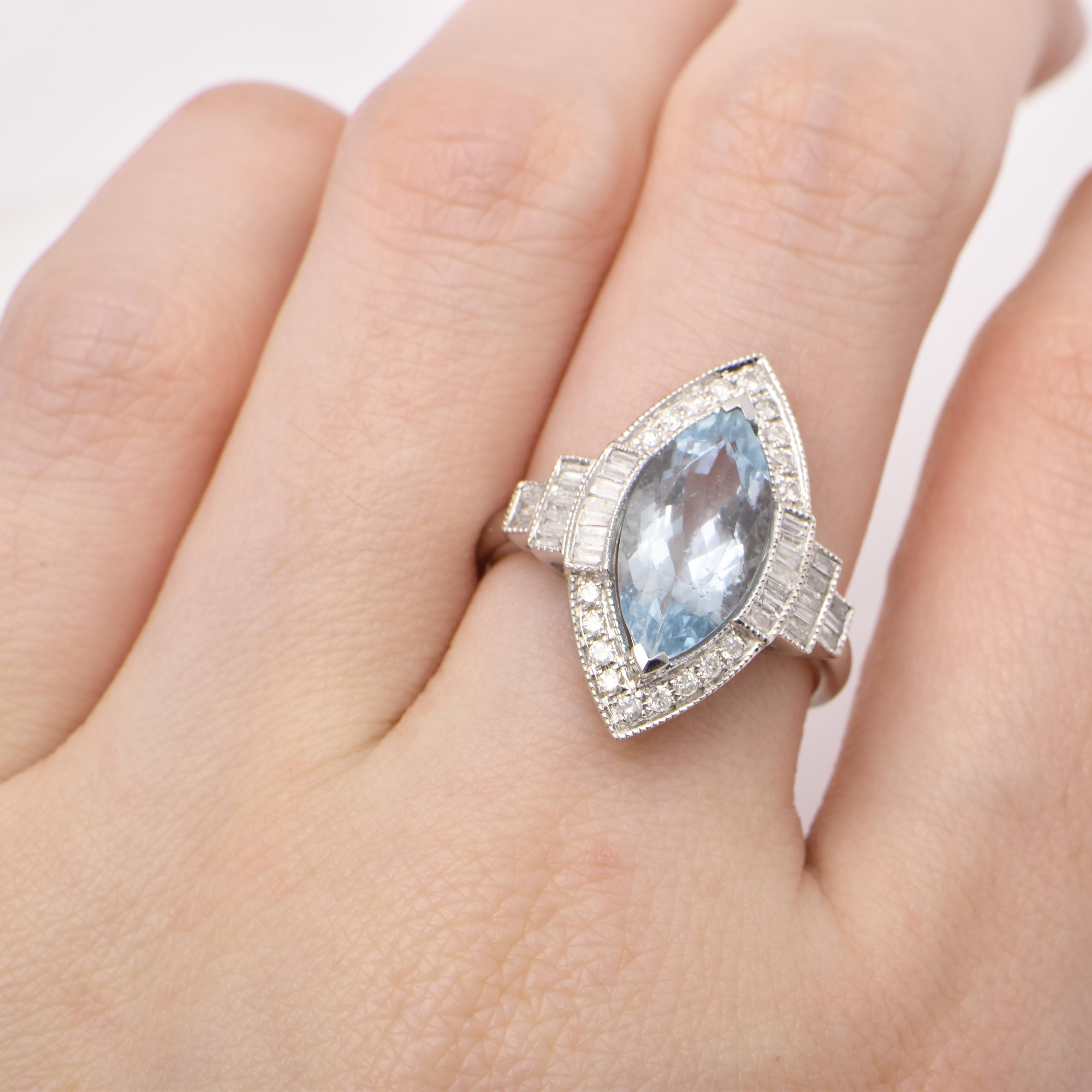 Women's Marquise Aquamarine and Diamond Cocktail Ring in 18 Carat White Gold For Sale