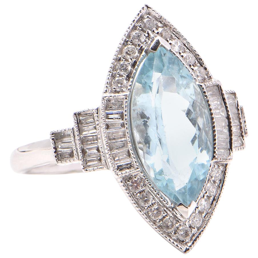 Marquise Aquamarine and Diamond Cocktail Ring in 18 Carat White Gold ...