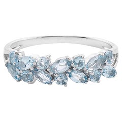 Antique Marquise Aquamarine and Round Aquamarine Wedding Ring Band in 18K White Gold