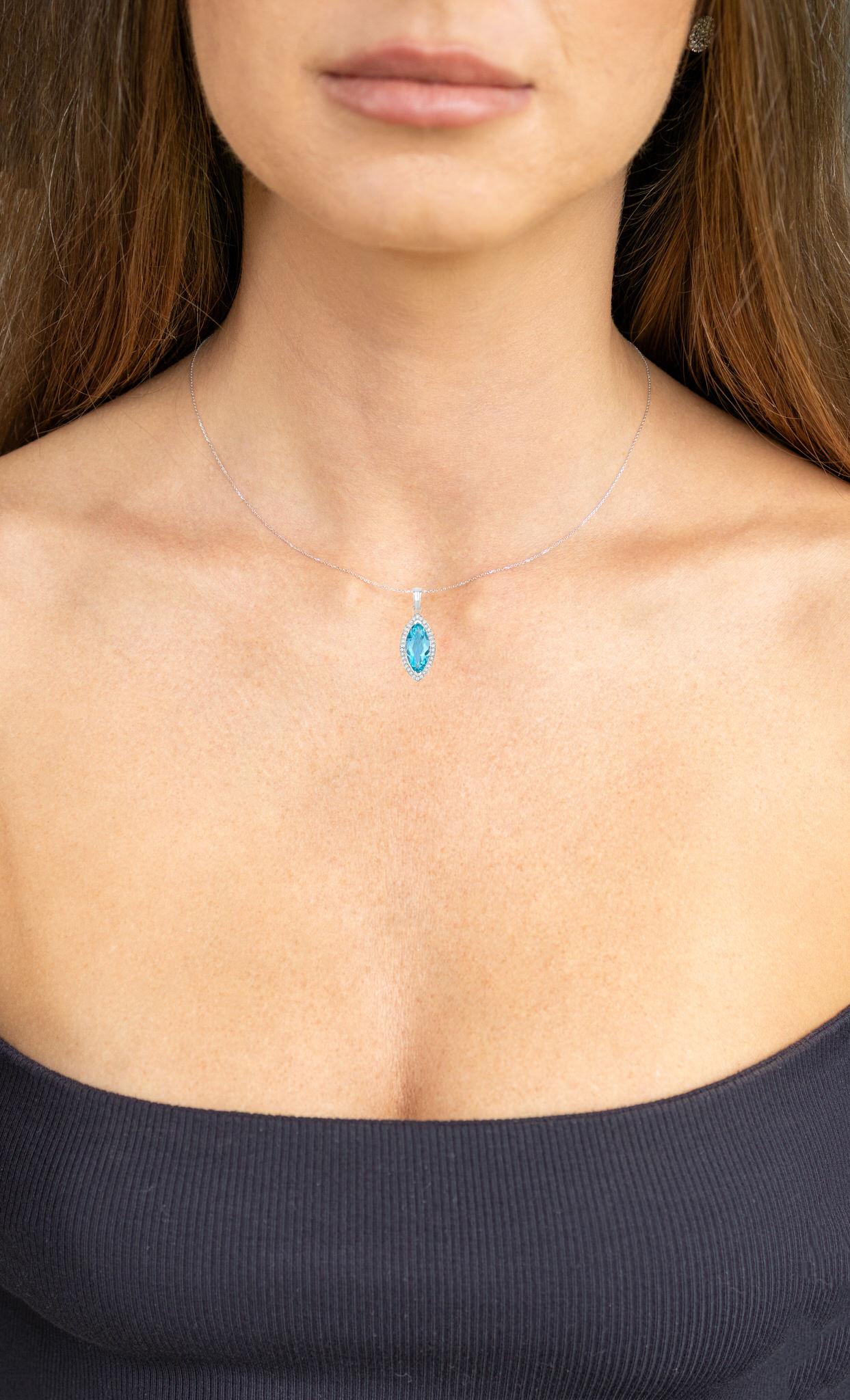 Marquise Cut Marquise Aquamarine Necklace With Diamond Halo 2.55 Carats 14K White Gold For Sale