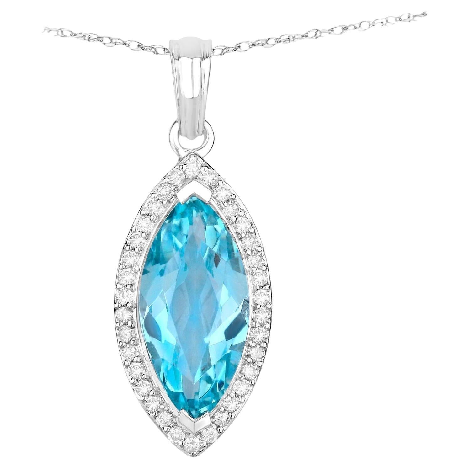 Marquise Aquamarine Necklace With Diamond Halo 2.55 Carats 14K White Gold For Sale