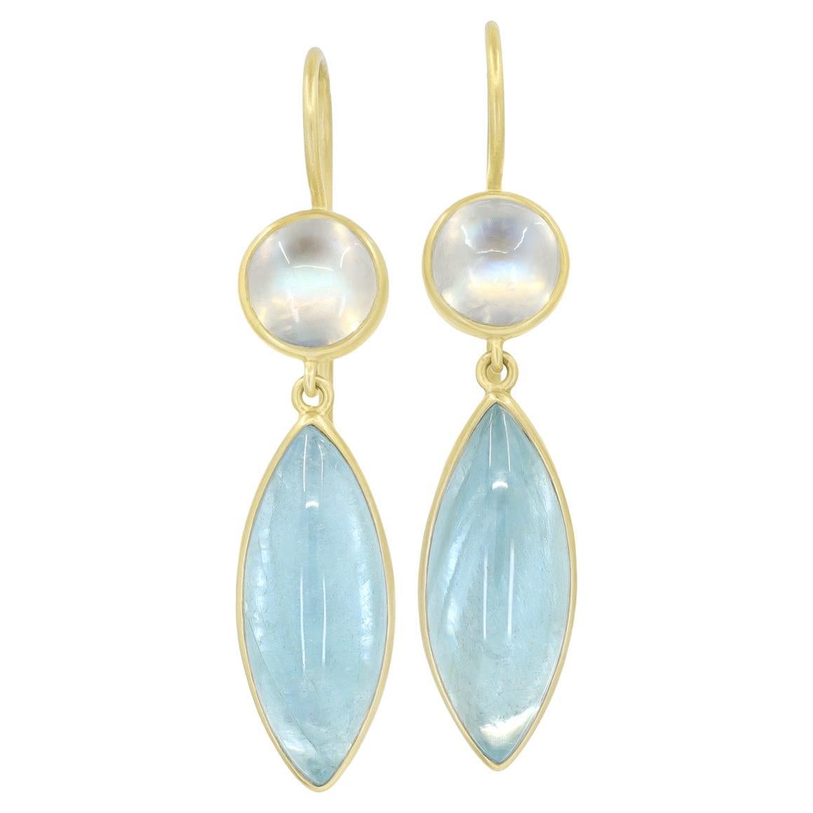 Marquise Aquamarine Round Moonstone Gold Drop Earrings, Lola Brooks 2023 For Sale