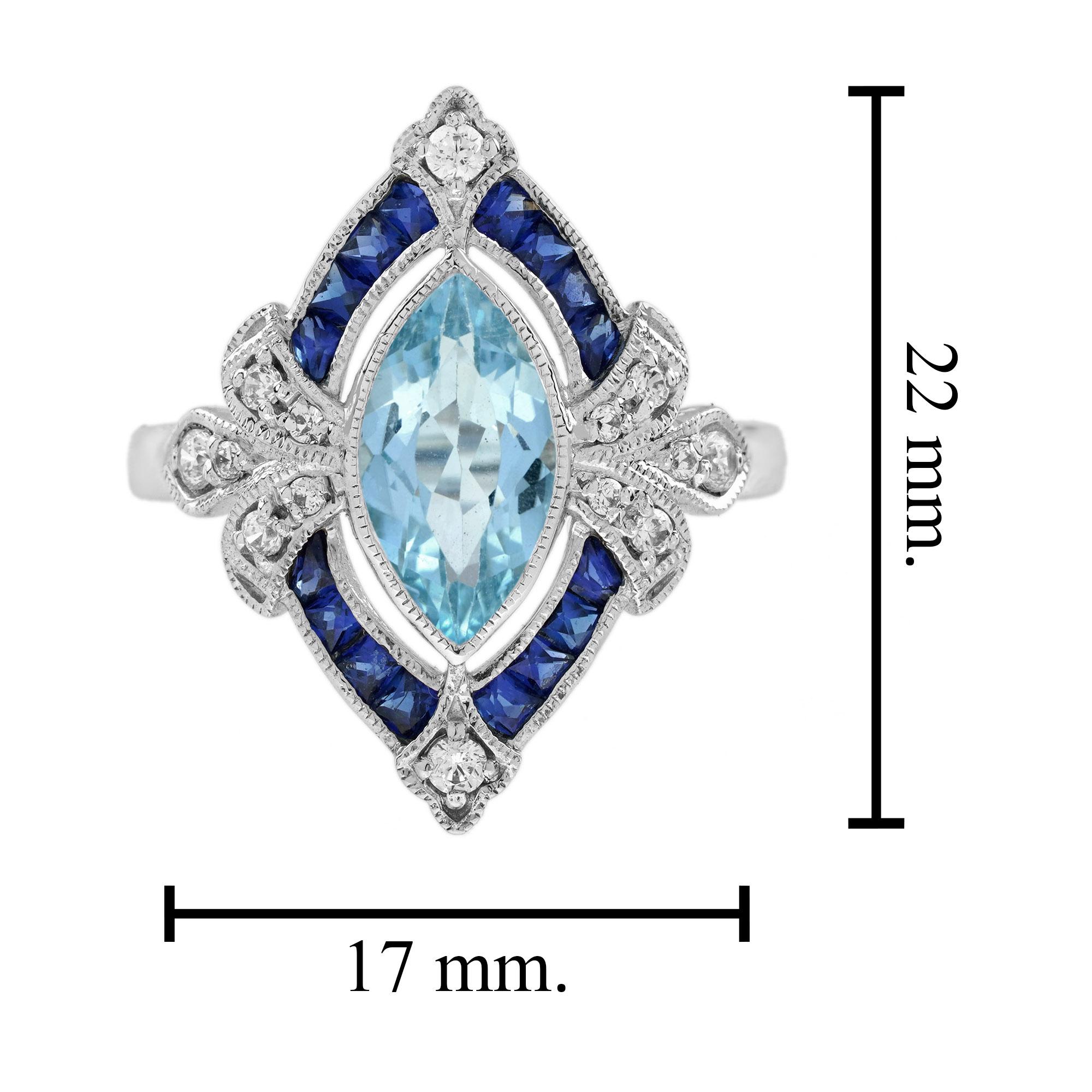 Marquise Aquamarine Sapphire Diamond Victorian Style Cocktail Ring in 18K Gold 7