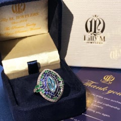 Marquise Aquamarine with Sapphire Emerald Diamond Cocktail Ring 18K White Gold