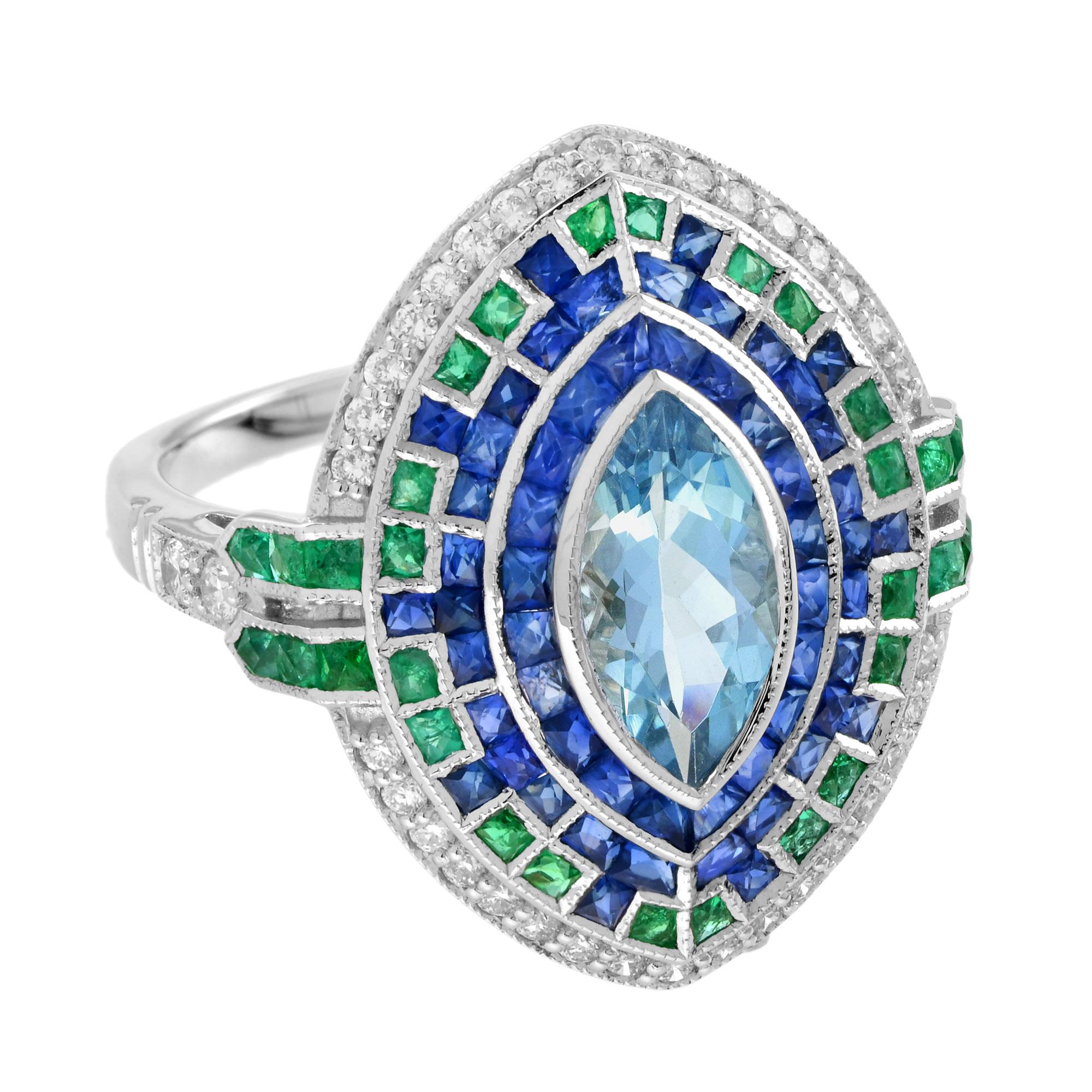 Marquise Aquamarin mit Saphir Smaragd Diamant Cocktail Ring 18K Weißgold (Art déco) im Angebot