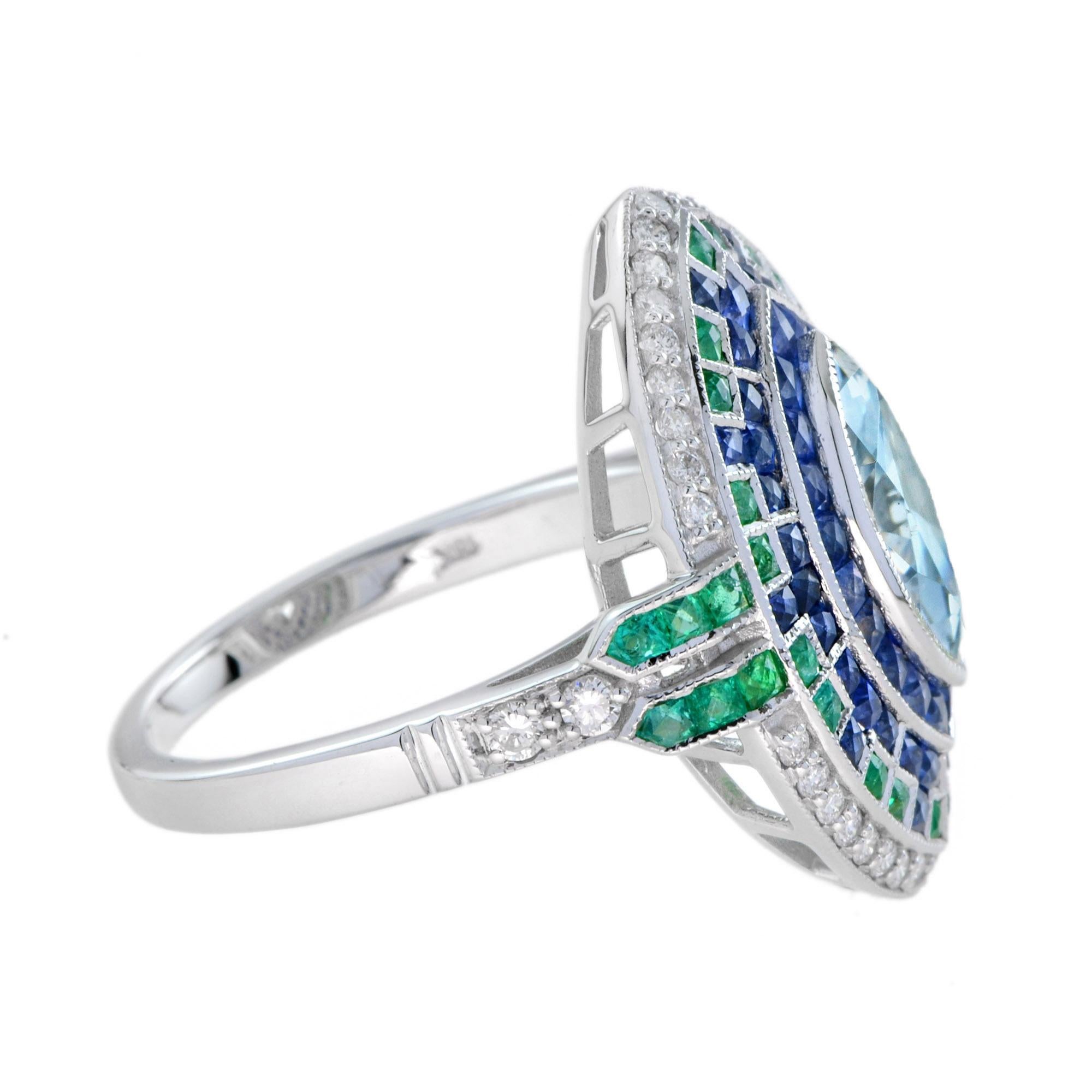 Marquise Aquamarin mit Saphir Smaragd Diamant Cocktail Ring 18K Weißgold (Marquiseschliff) im Angebot