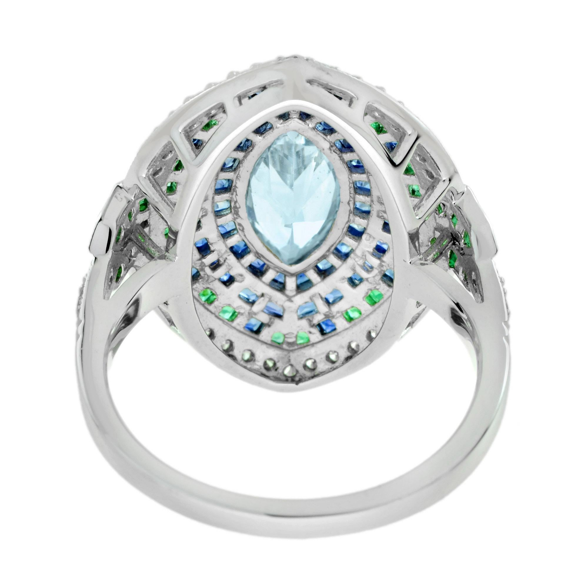 Marquise Aquamarin mit Saphir Smaragd Diamant Cocktail Ring 18K Weißgold im Zustand „Neu“ im Angebot in Bangkok, TH