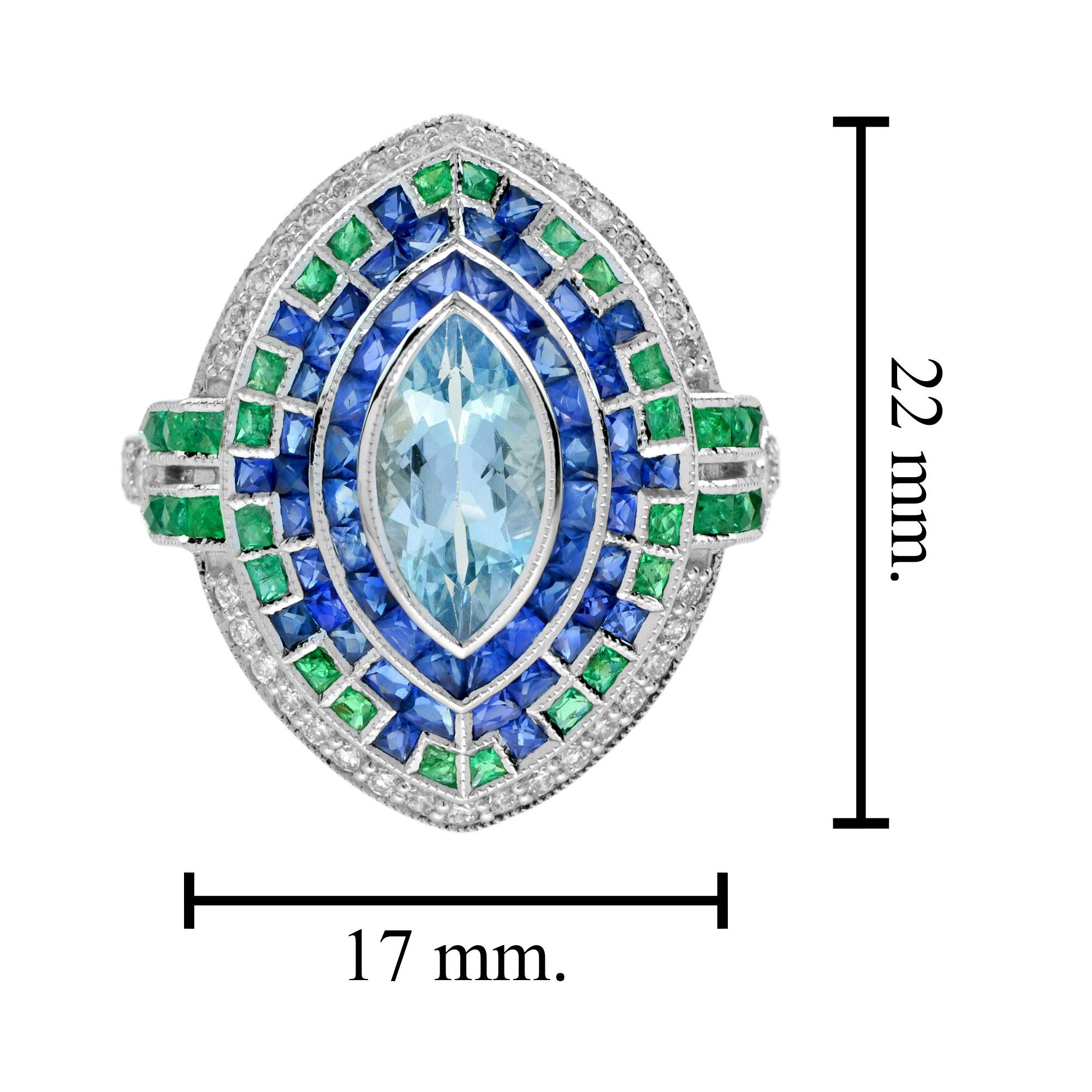 Marquise Aquamarin mit Saphir Smaragd Diamant Cocktail Ring 18K Weißgold im Angebot 1