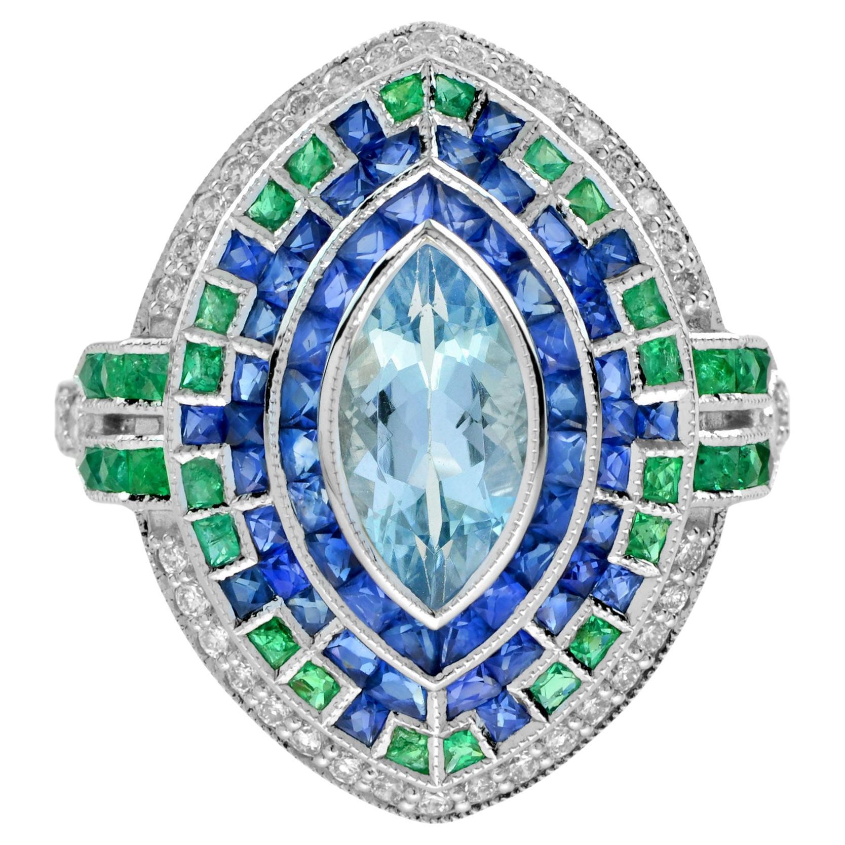 Anello Cocktail con Acquamarina Marquise e Zaffiro Smeraldo Diamante Oro Bianco 18K