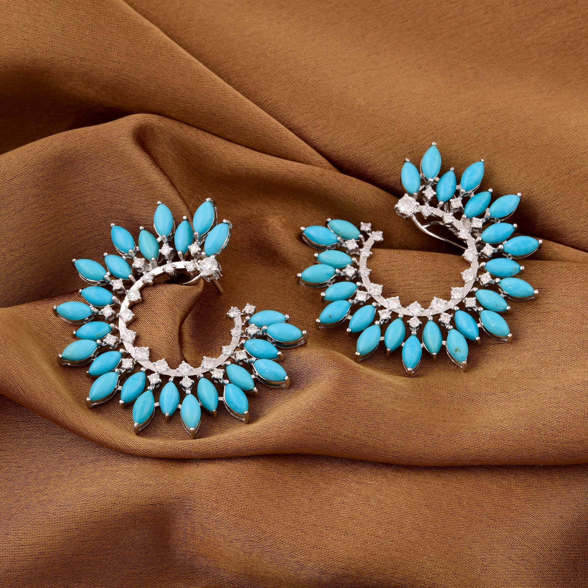 Modern Real Marquise Arizona Turquoise Spike Hoop Earrings Diamond 18 Karat White Gold For Sale