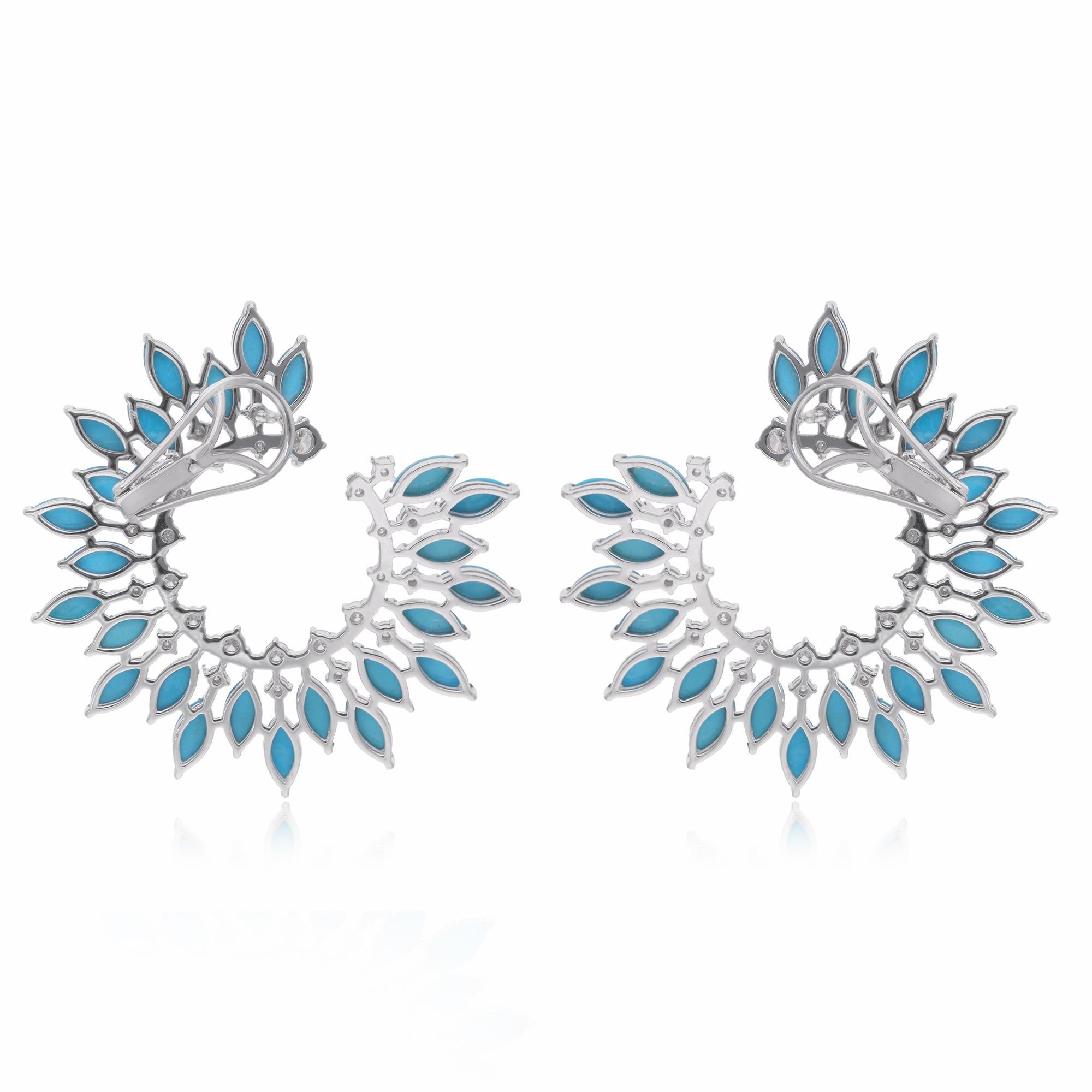 Women's Real Marquise Arizona Turquoise Spike Hoop Earrings Diamond 18 Karat White Gold For Sale