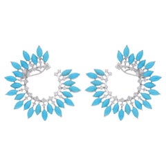 Real Marquise Arizona Turquoise Spike Hoop Earrings Diamond 18 Karat White Gold