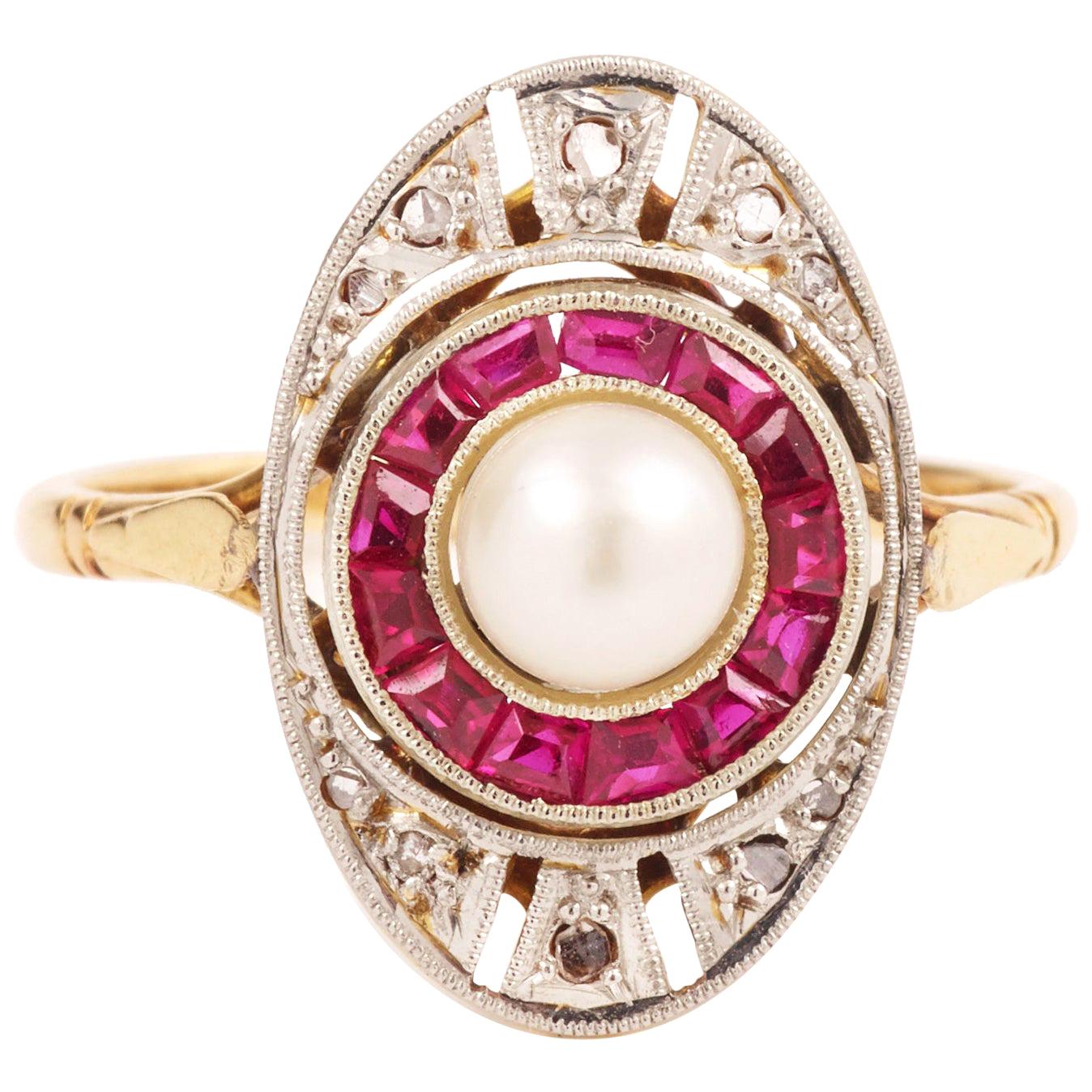 Marquise Art Deco Pearl Ruby Diamonds Platinum 18 Carat Yellow Gold Ring