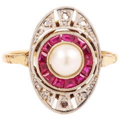 Antique Marquise Art Deco Pearl Ruby Diamonds Platinum 18 Carat Yellow Gold Ring