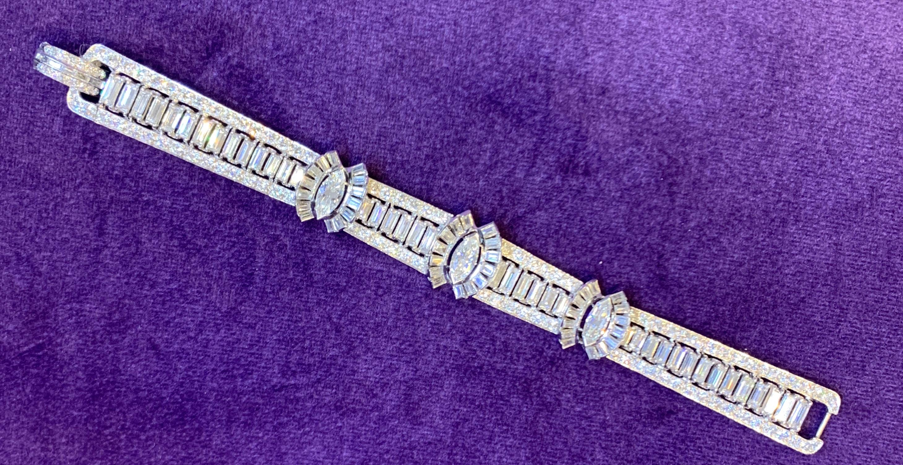 Marquise & Baguette Cut Diamond Three Row Bracelet In Excellent Condition For Sale In New York, NY