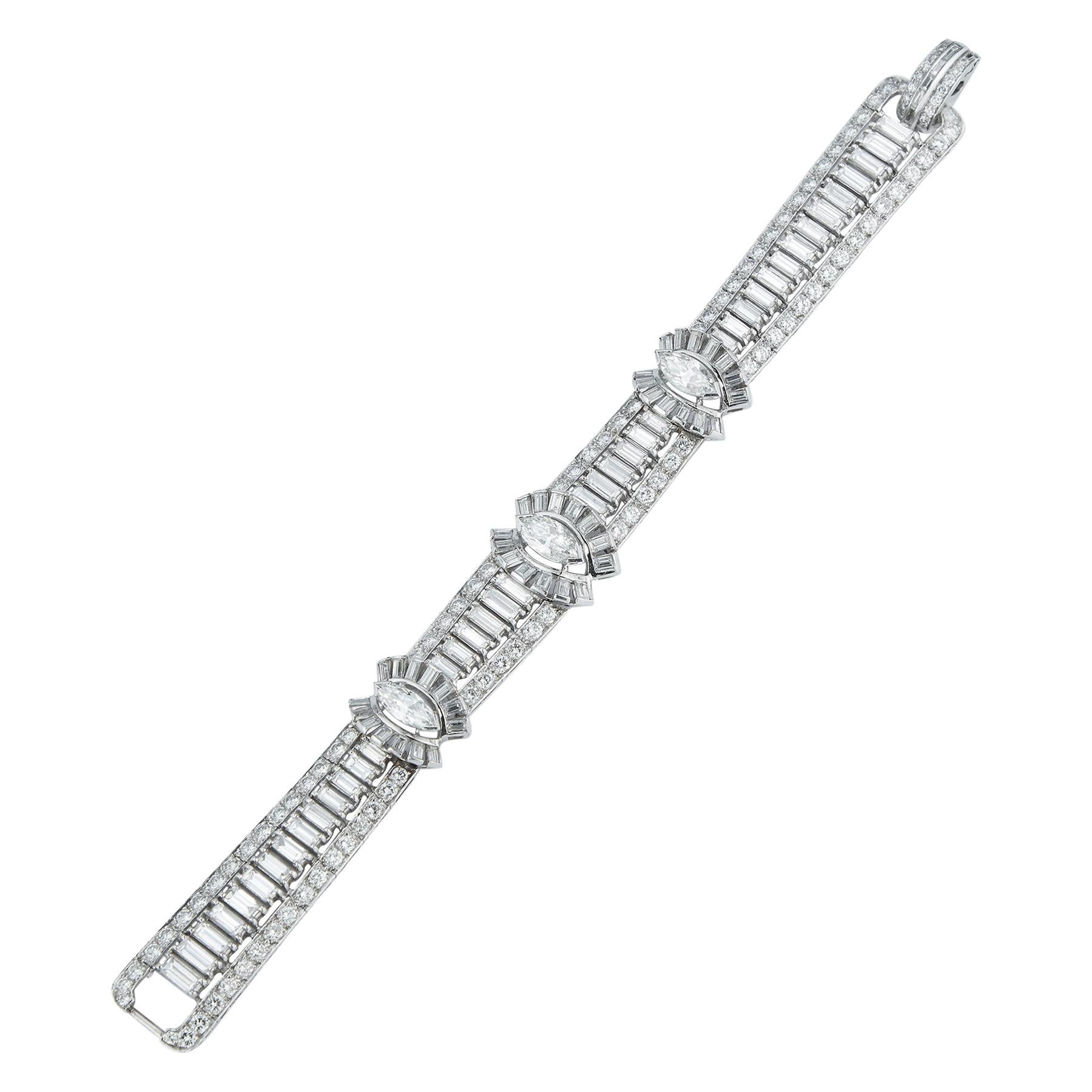 Marquise & Baguette Cut Diamond Three Row Bracelet For Sale