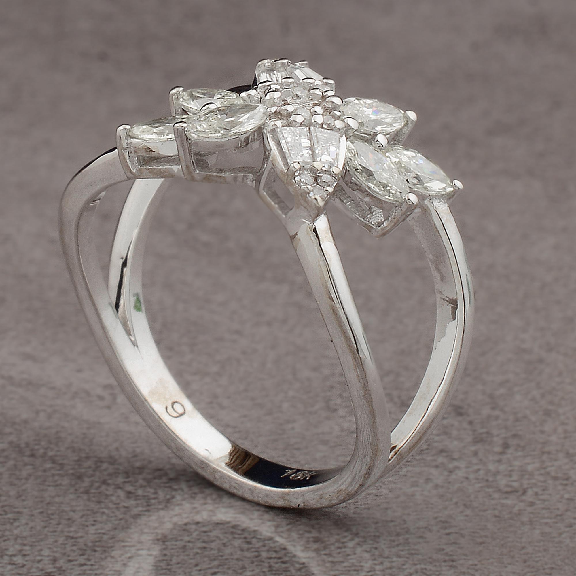 Modern Marquise & Baguette Diamond Cocktail Ring 18 Karat White Gold Handmade Jewelry For Sale