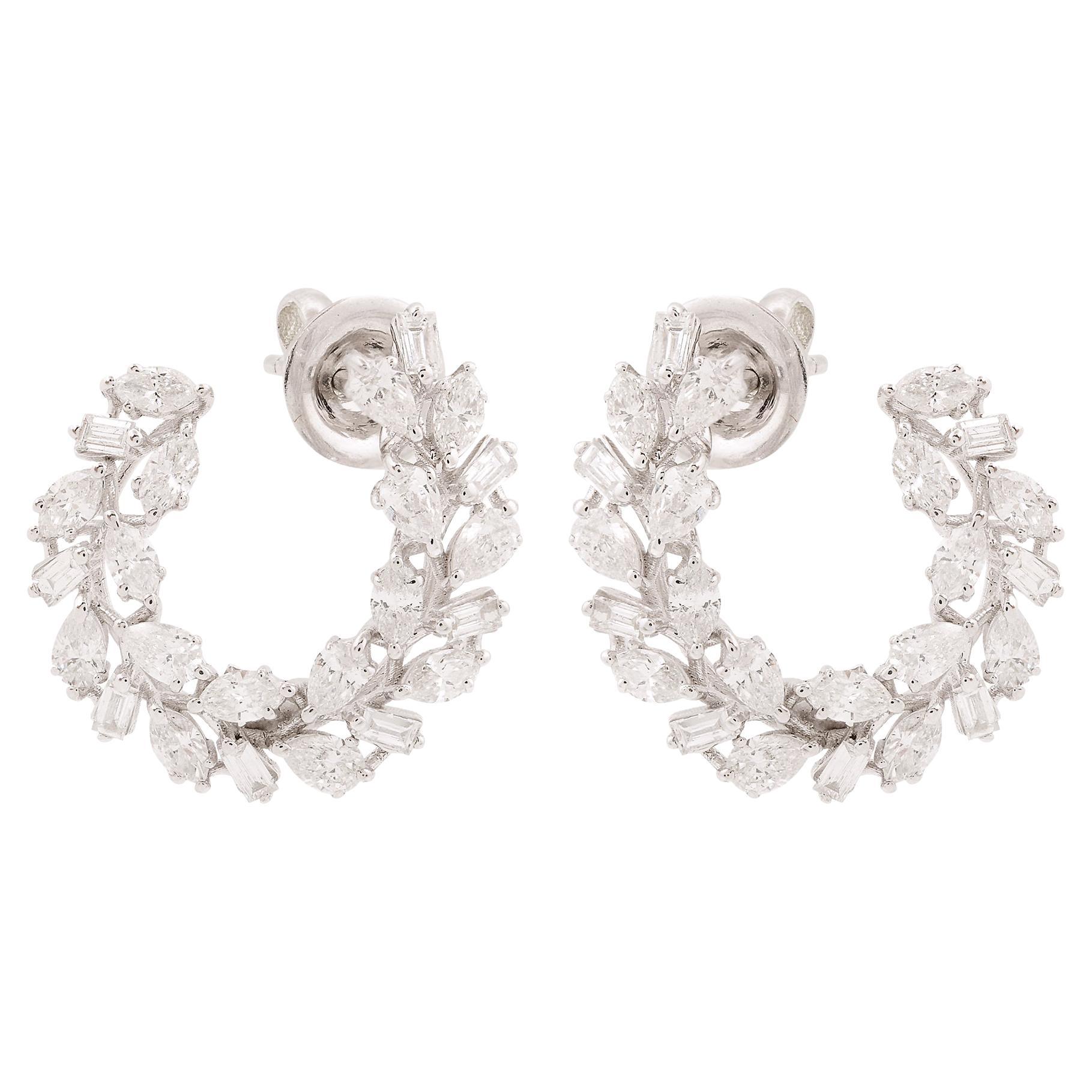 Boucles d'oreilles créoles en or blanc 10 carats avec diamants taille baguette marquise, fabrication artisanale