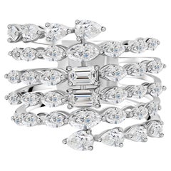 Marquise Baguette Diamond Multi Row Cocktail Ring 18K White Gold Statement Ring