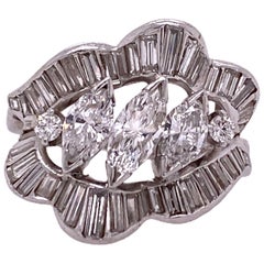 1950's Marquise Baguette Diamond Platinum Estate Vintage Cocktail Ring
