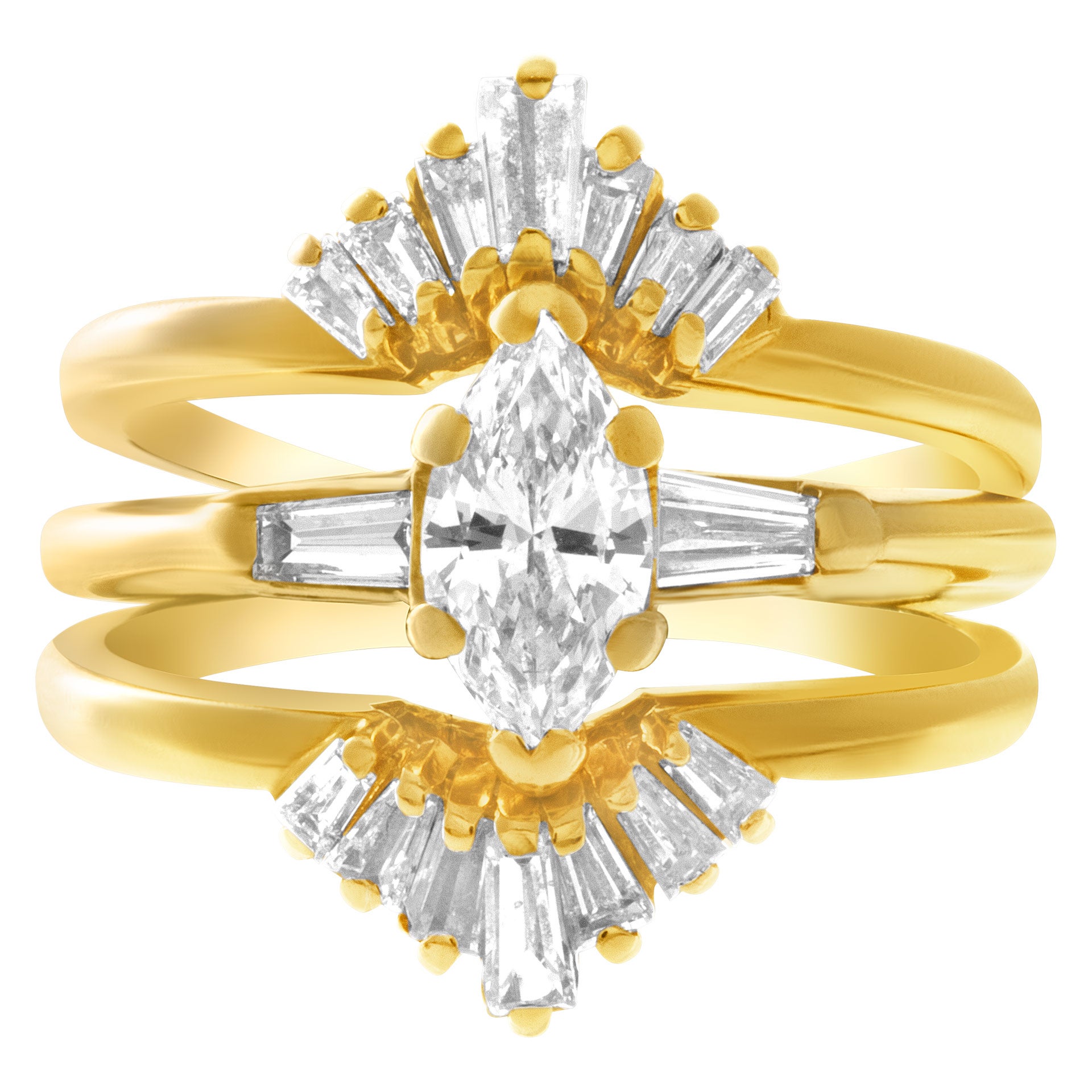 Marquise- und Baguette-Diamantring aus 14k Gelbgold. 0,90 Karat im Angebot