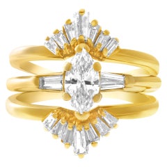 Bague en or jaune 14 carats sertie de diamants marquises et baguettes de 0,90 carat