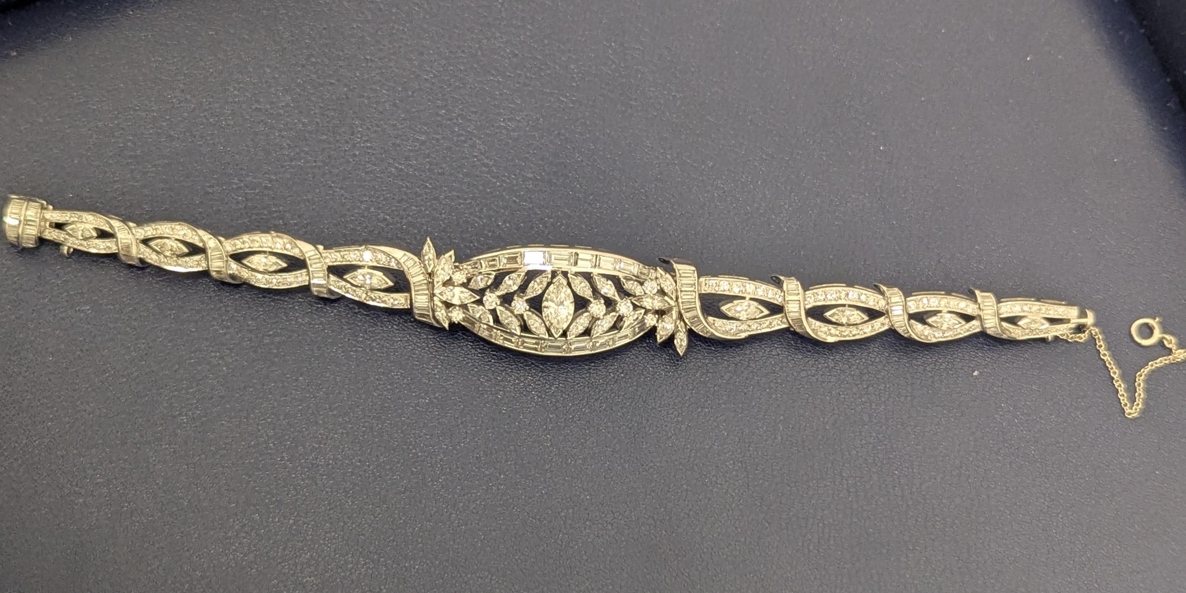 Marquise Cut Marquise Baguette Round Single Cut Platinum White Gold Elegant Diamond Bracelet For Sale