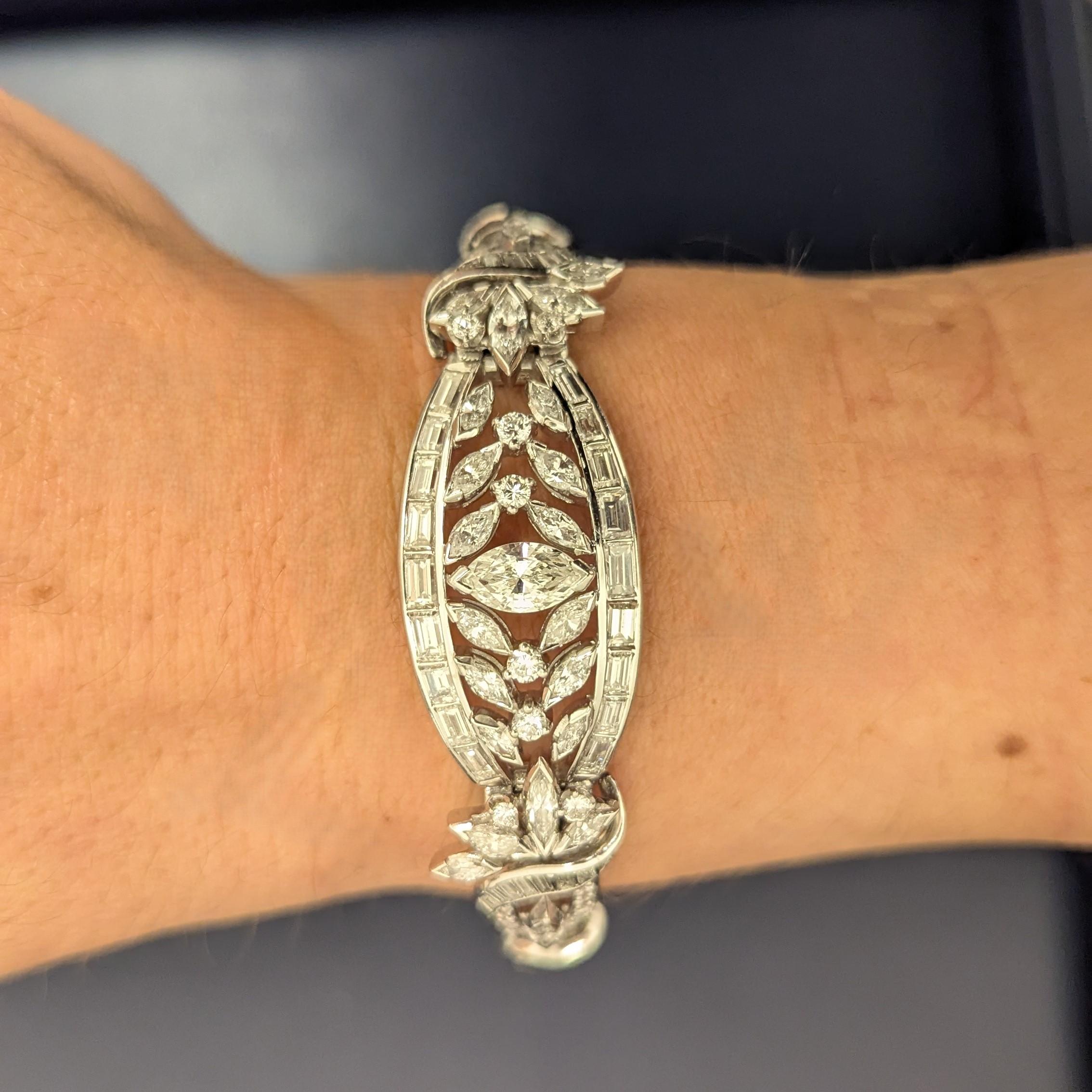 Women's Marquise Baguette Round Single Cut Platinum White Gold Elegant Diamond Bracelet For Sale
