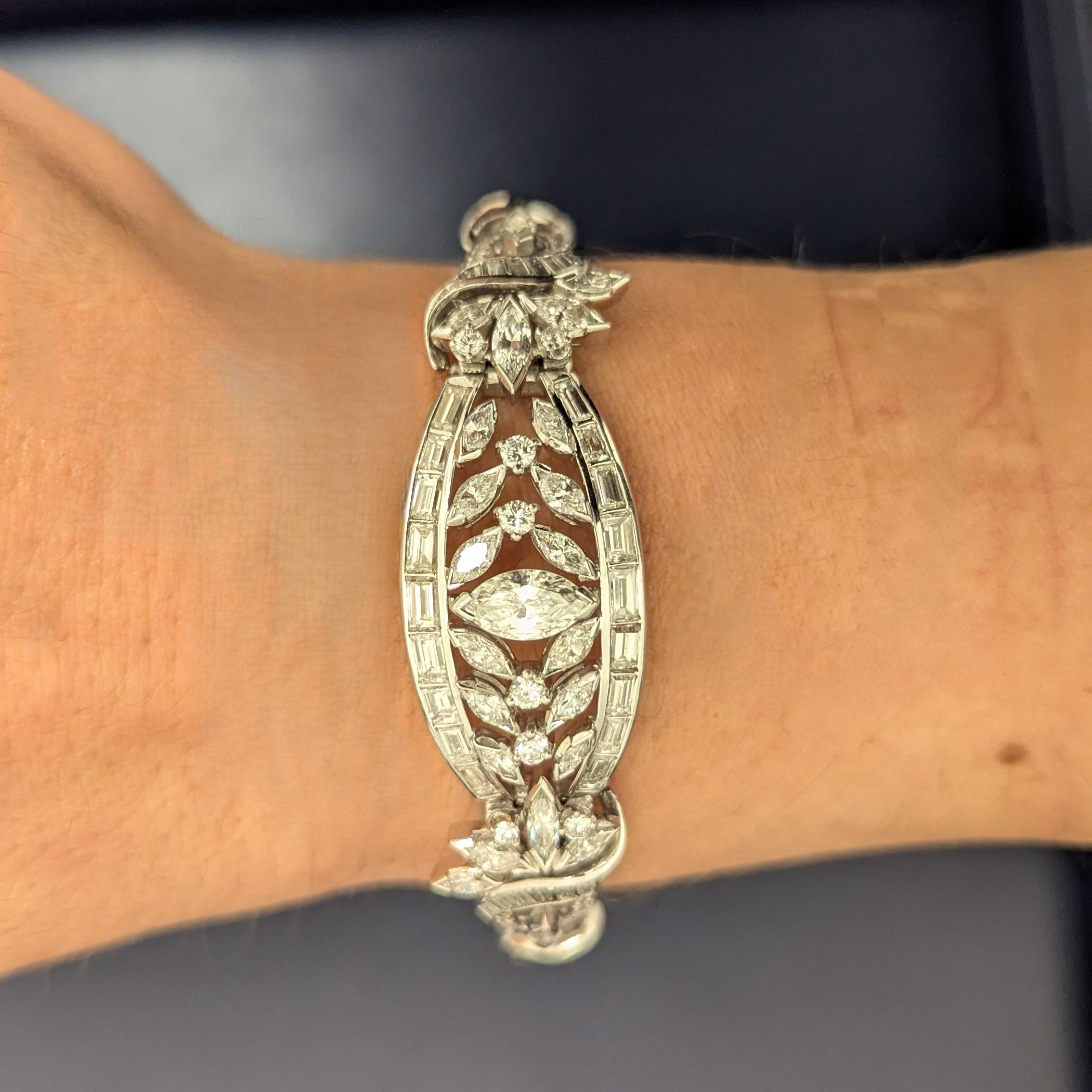 Marquise Baguette Round Single Cut Platinum White Gold Elegant Diamond Bracelet For Sale 1