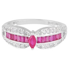 Marquise Baguette Ruby Gemstone Dome Ring Diamond 14 Karat White Gold Jewelry