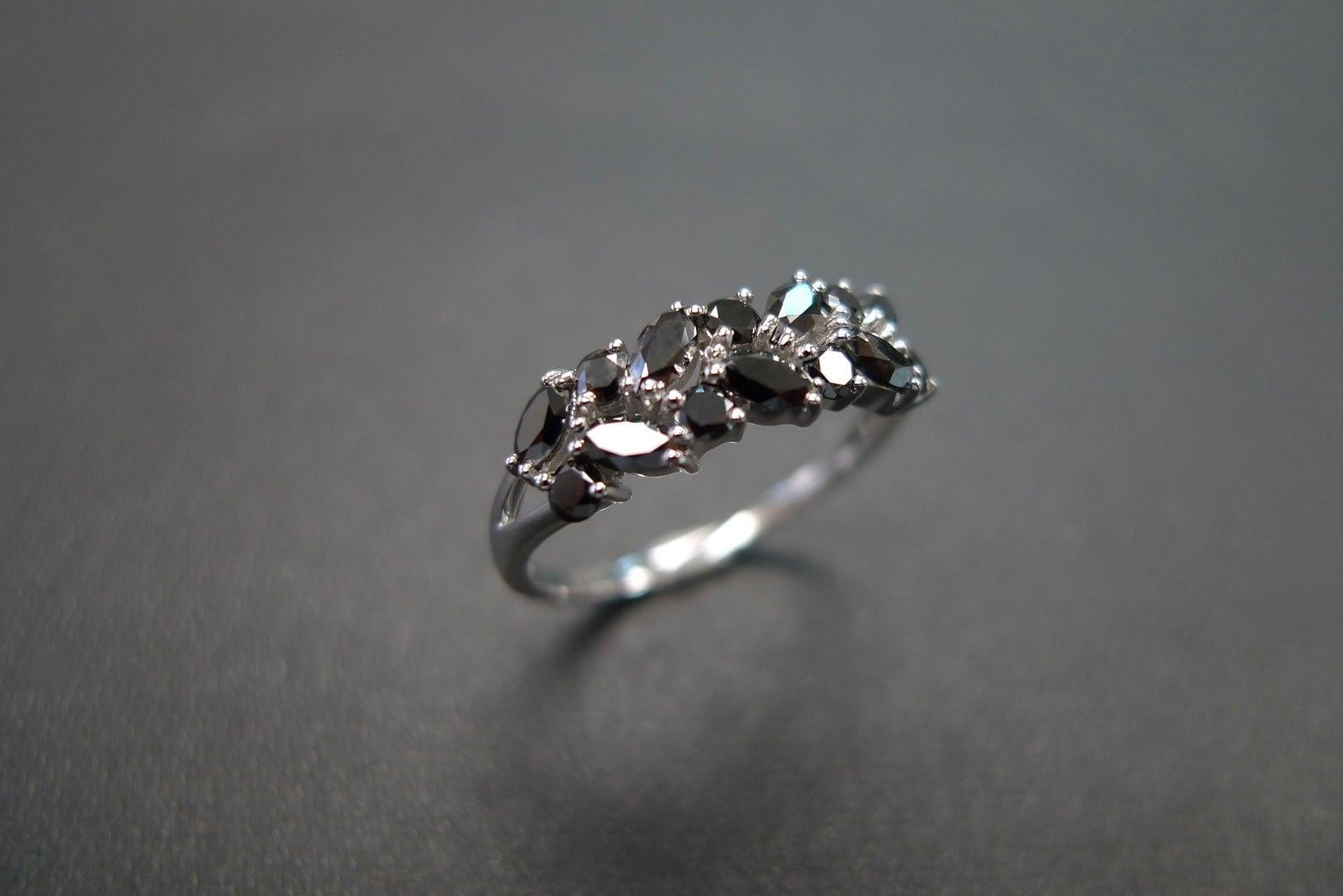 Modern Marquise Black Diamond and Round Black Diamond Wedding Ring in 18K White Gold For Sale