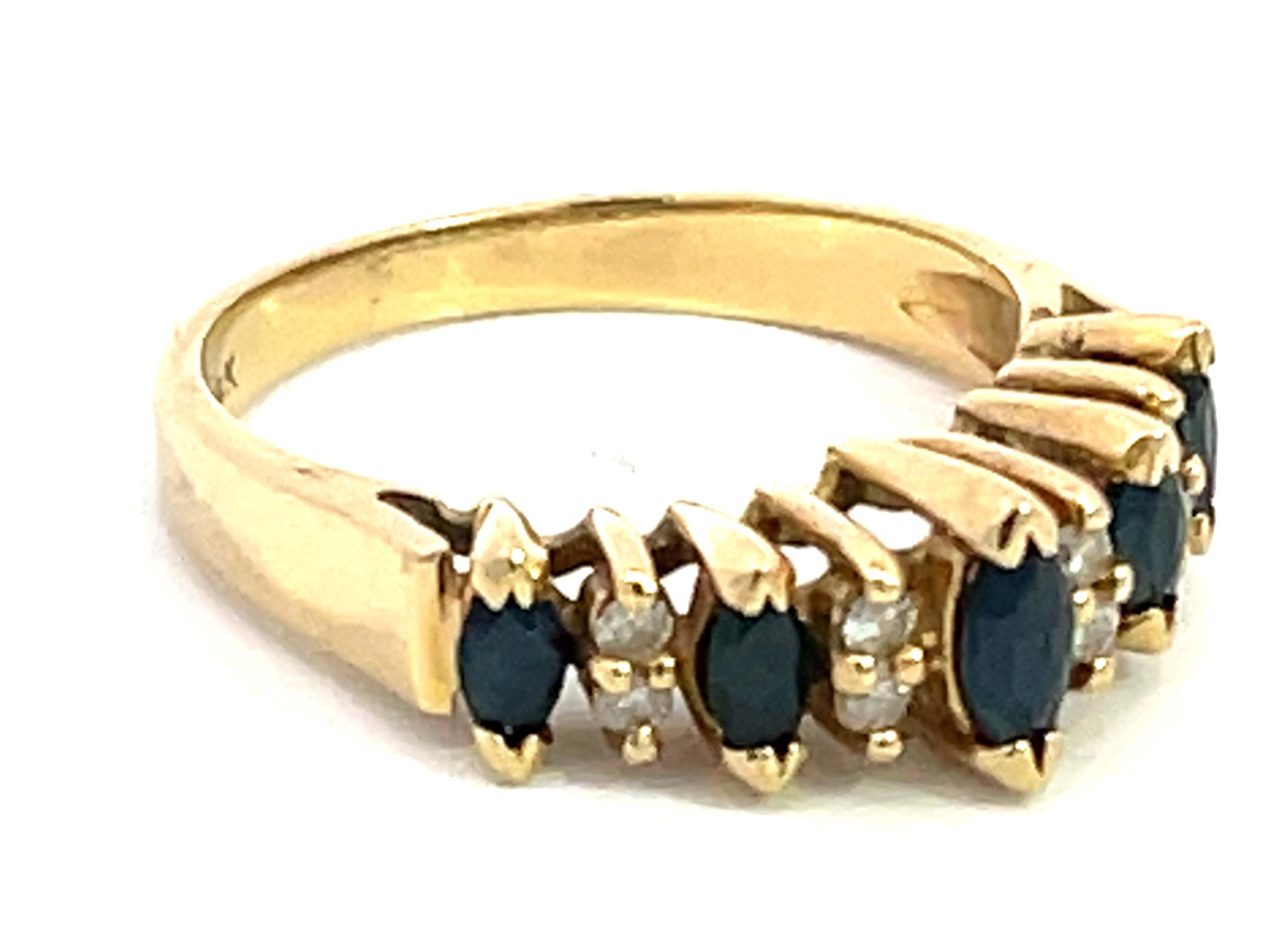 Modern Marquise Blue Sapphire and Diamond Band Ring in 14k Yellow Gold For Sale